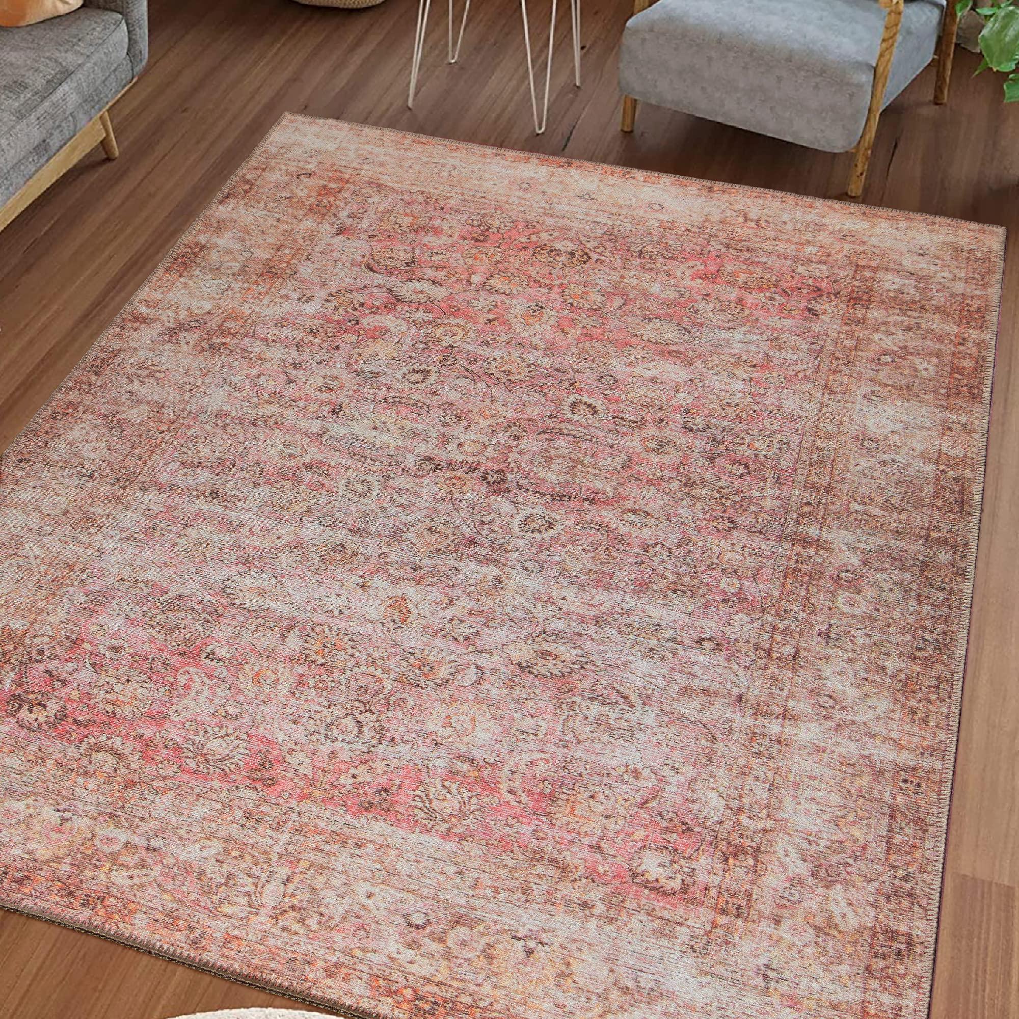Adiva Washable Area Rug - Non-Slip Waterproof Runner Rug for Living Room, Bedroom, Hallway - Pink 7'10