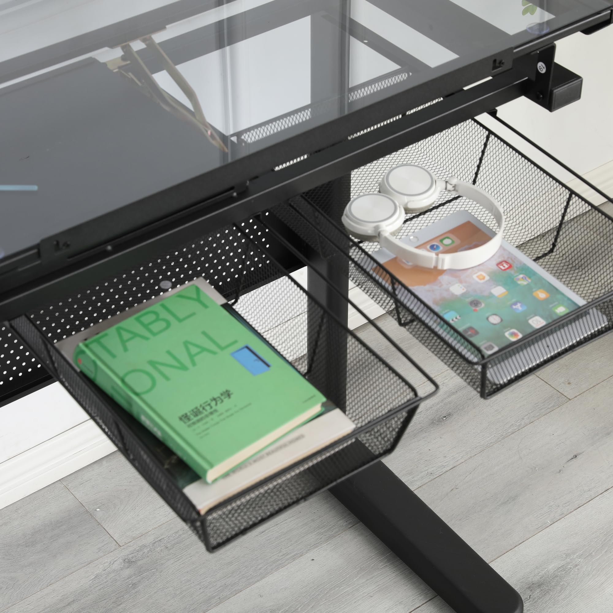 Adjustable Drafting Table with Hand Crank, 2 Storage Drawers & Stool - Black Tempered Glass Top, Metal Frame for Artists & Architects | Home Office, Studio & Classroom Use