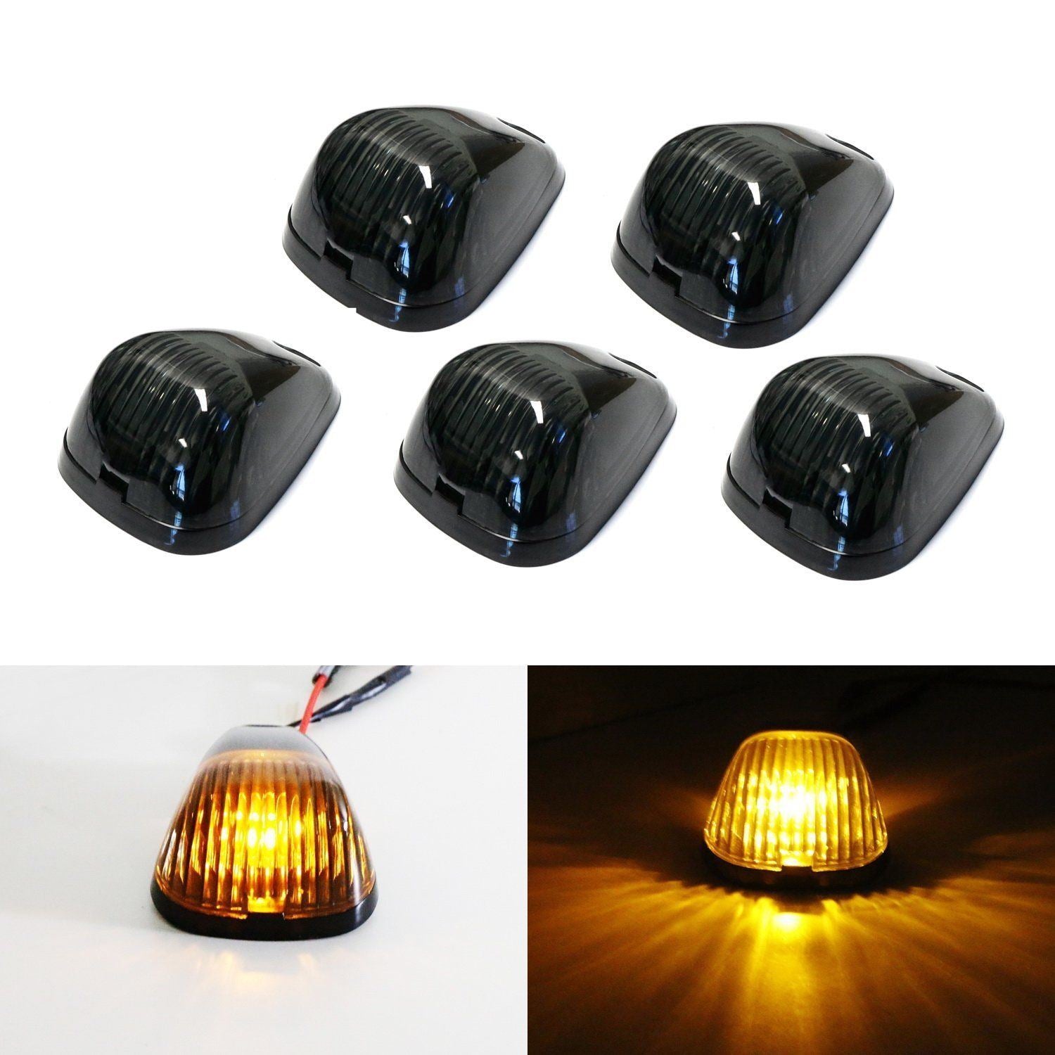 5 Pack Black Smoked Cab Roof Marker Running Lamps with Amber LED Lights for Trucks & 4x4 Vehicles - Waterproof Off-Road Lighting for Night Driving & Heavy Duty Work