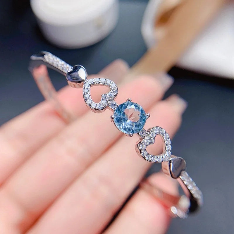 Swiss Blue Topaz Heart Bangle Bracelet for Women - 925 Sterling Silver Adjustable Charm Bracelet | Elegant Jewelry Gift for Valentine's Day, Anniversary & Special Occasions