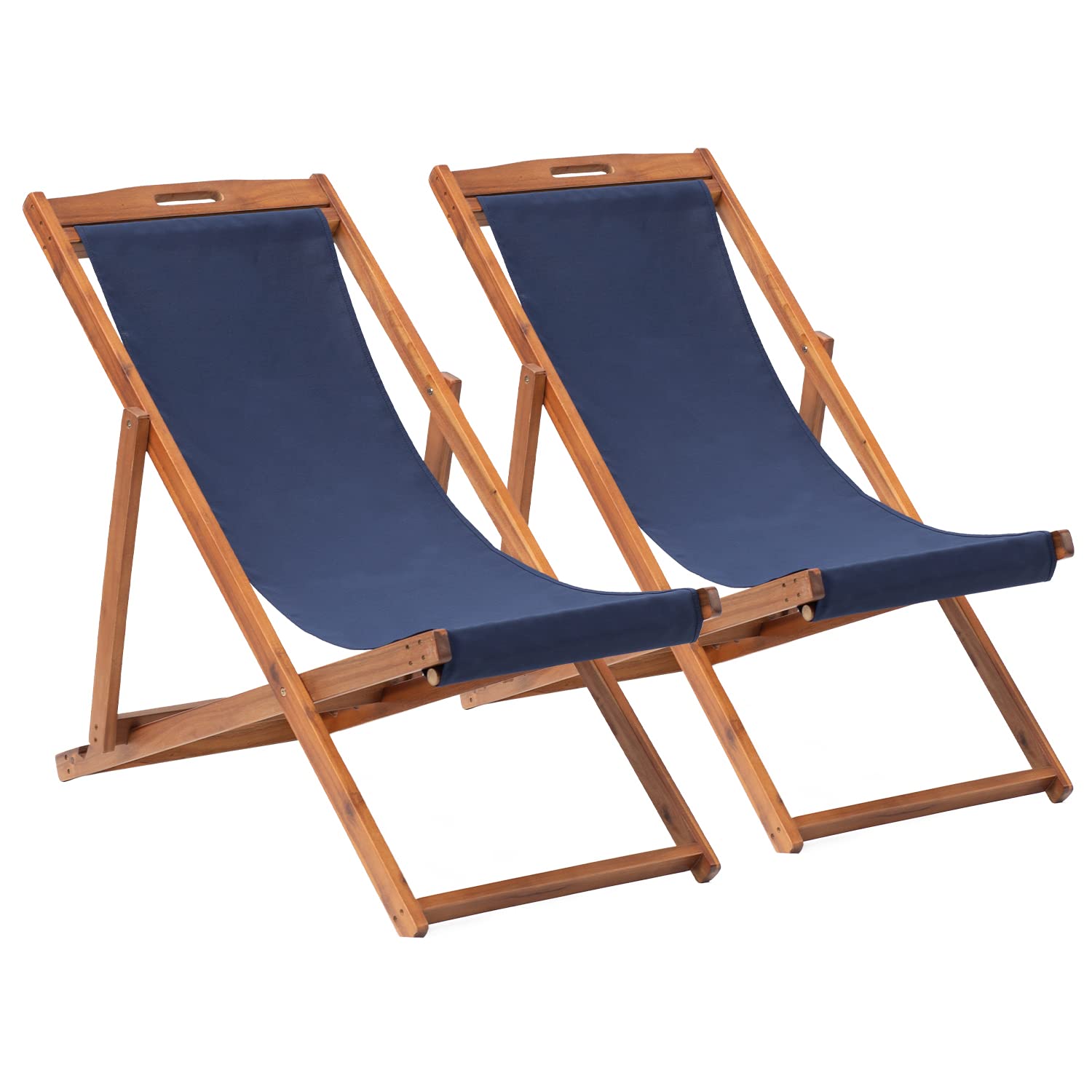 2-Piece Outdoor Wooden Patio Lounge Chair Set - Portable Reclining Beach Chairs with Solid Wood Frame & White Polyester Canvas - 3 Adjustable Positions, Blue - Perfect for Backyard, Poolside, and Beach Relaxation