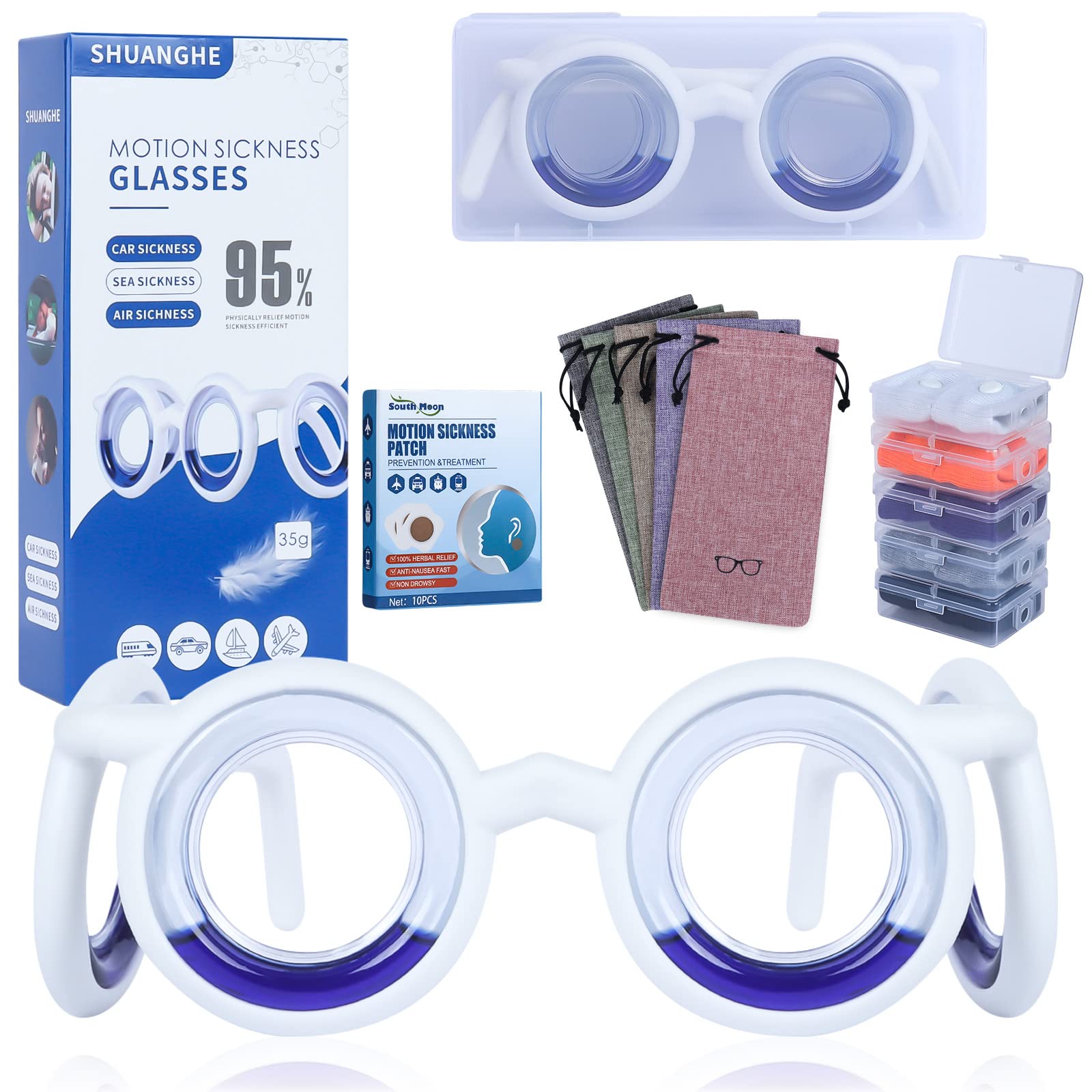 Motion Sickness Relief Glasses & Belt Set with Travel Case - Anti Nausea Glasses for Car, Boat, Plane Travel - Random Color - Perfect for Road Trips, Cruises and Air Travel
