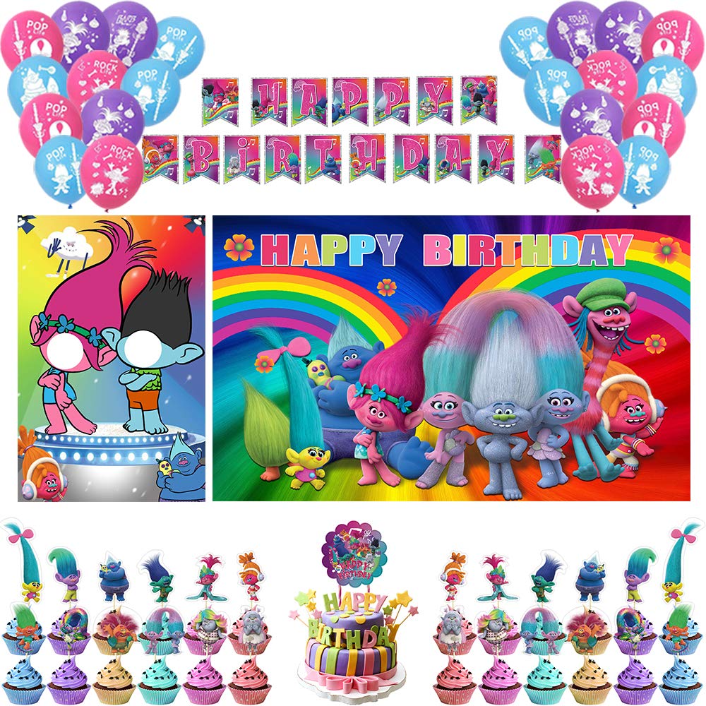 BlissDecor Trolls Birthday Party Supplies - 66 Pcs Trolls World Tour Party Decorations Set with Photo Door Props, Backdrop Banner, Cake Toppers & Balloons - Perfect for Kids Birthday Parties, Themed Events & Trolls Movie Celebrations