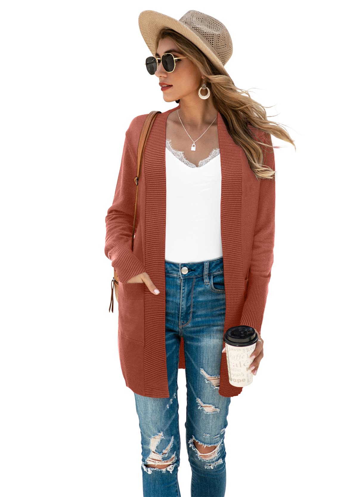 SUEANI Women's Open Front Long Sleeve Knit Cardigan with Pockets - Casual Classic Sweater for Fall & Winter - Perfect for Office, Coffee Dates & Cozy Evenings