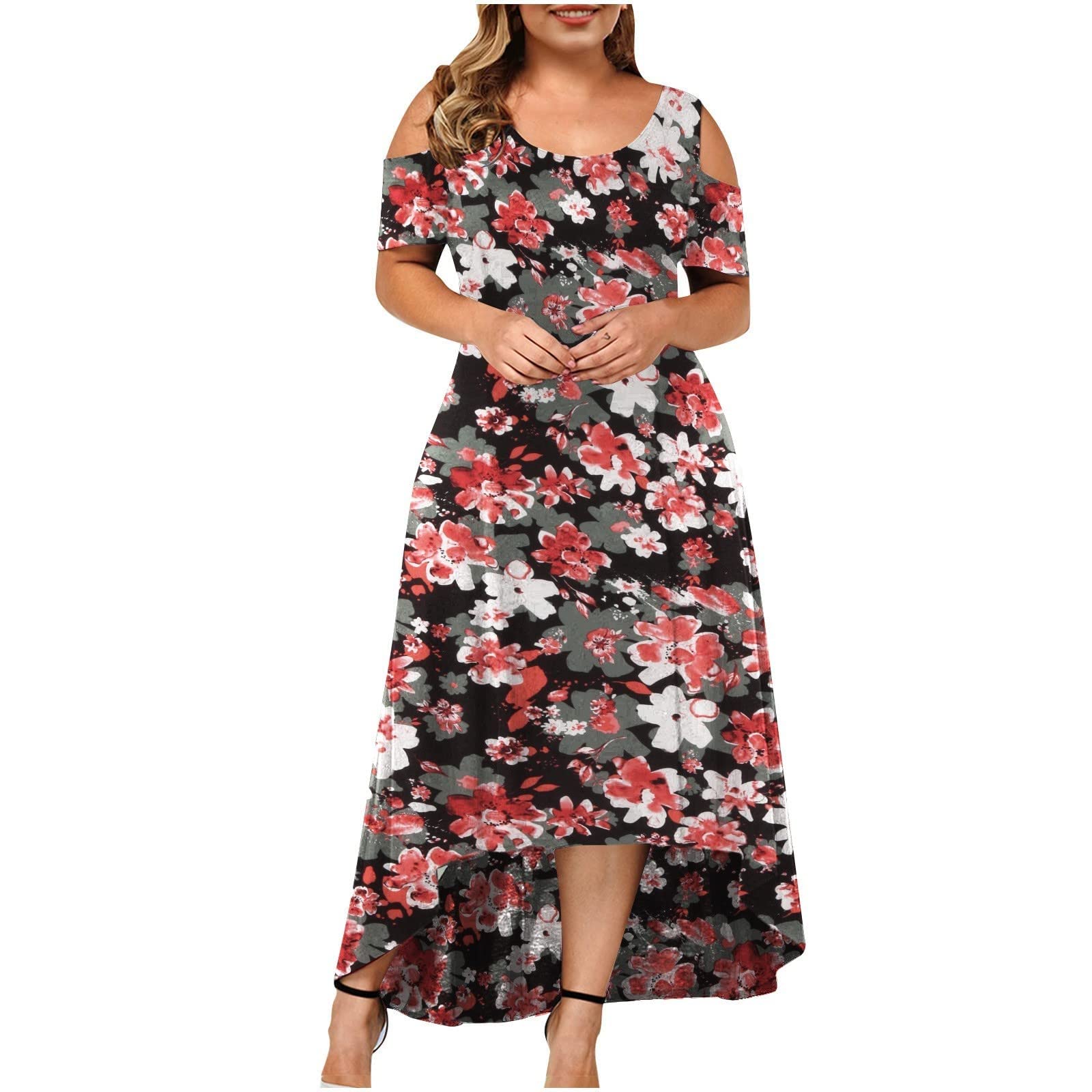 Plus Size Maxi Dress for Women - Floral Summer Sundress with Cold Shoulder & Short Sleeve - Elegant Long Party Gown for Beach, Wedding & Special Occasions