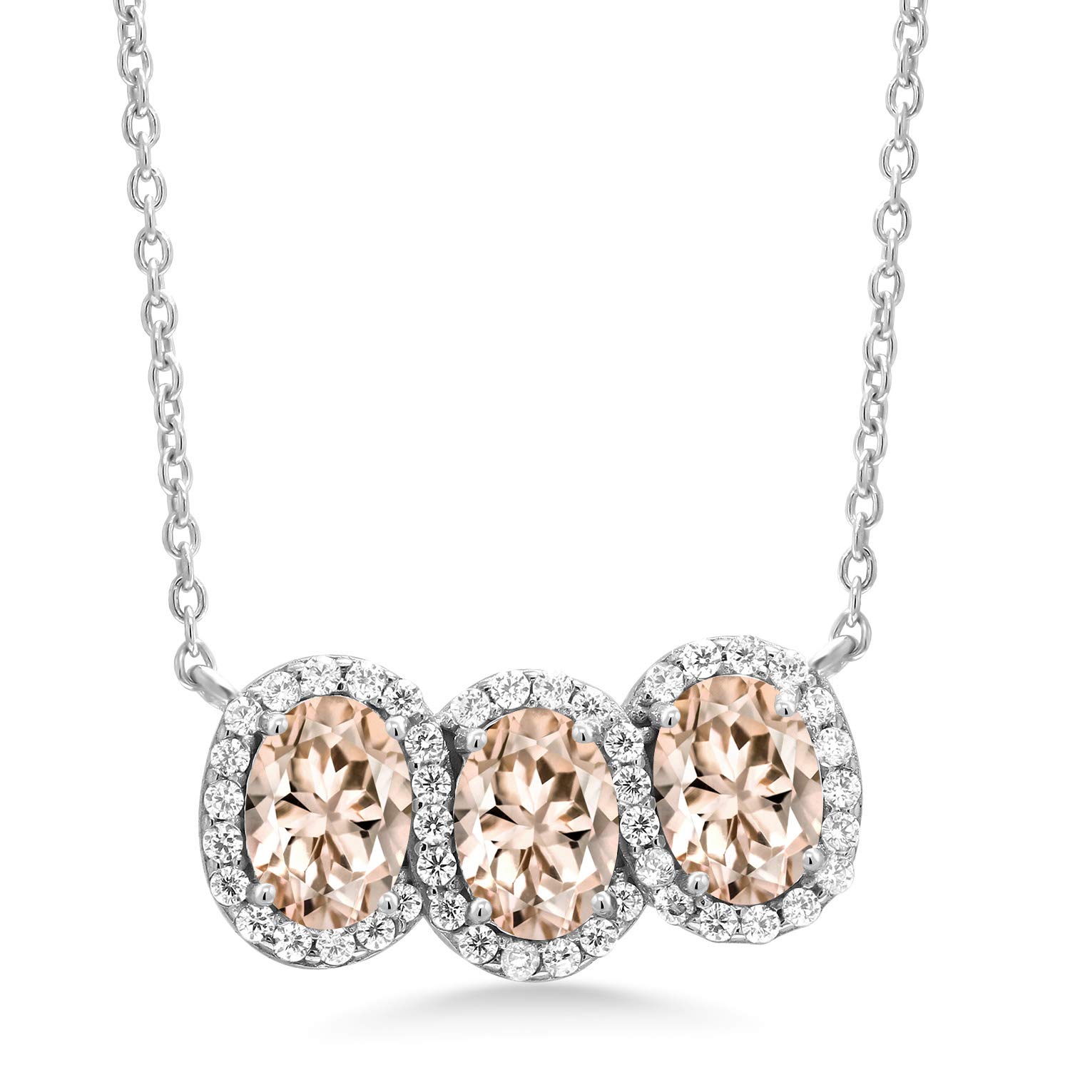 Gem Stone King 925 Sterling Silver Birthstone Necklace for Women - 3 Stone Oval Pendant (7x5mm) with 18