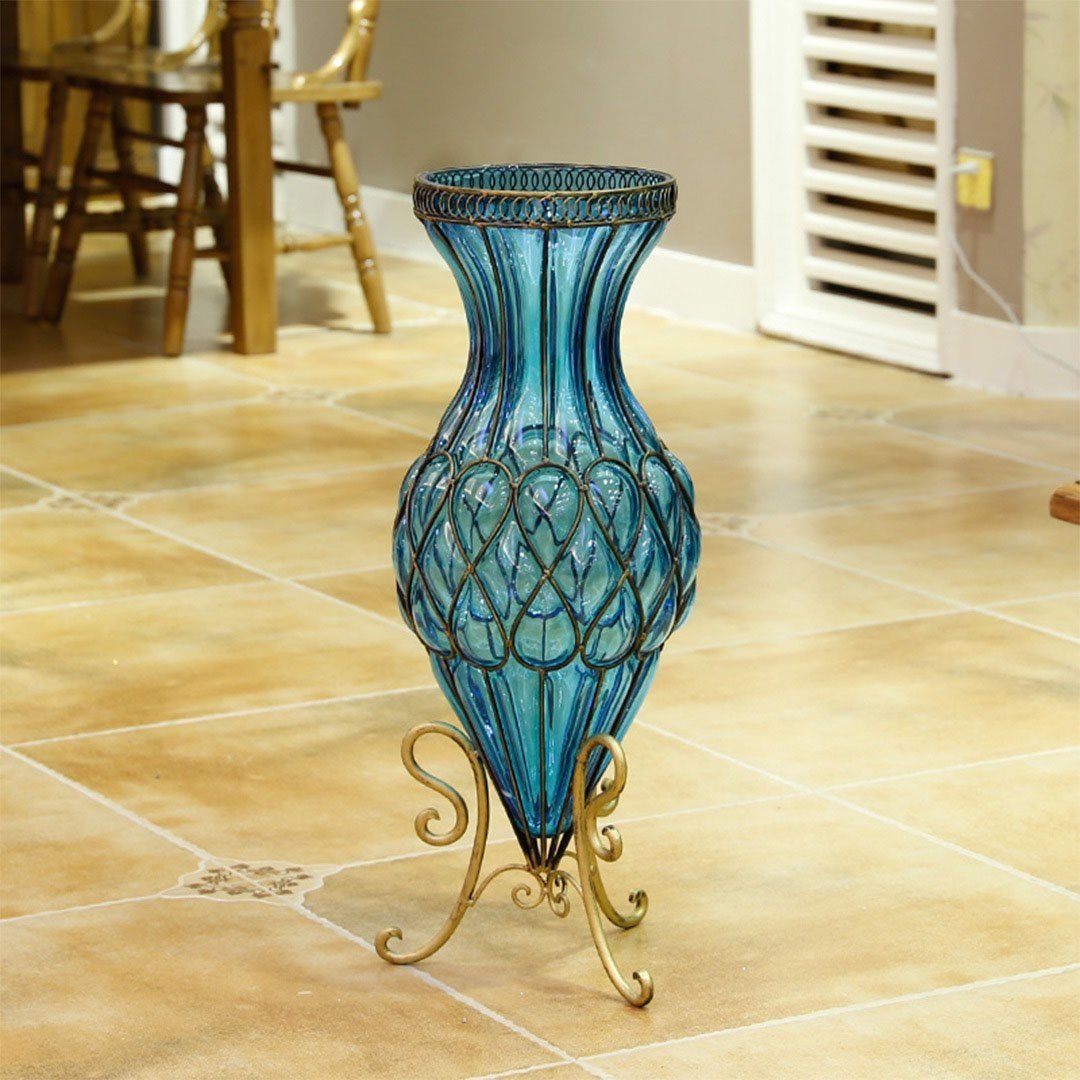 67cm Blue Glass Tall Floor Vase with 12pcs Dark Pink Artificial Flowers - Home Decor for Living Room, Bedroom, Wedding Centerpiece, Office Decoration