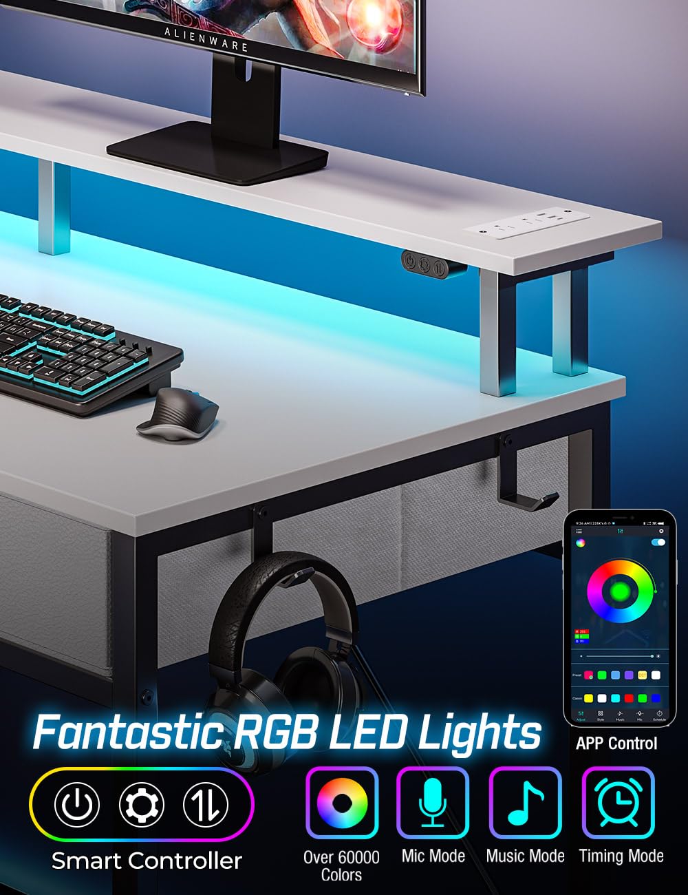Rolanstar 39-inch Modern Computer Desk with Built-in Power Outlets & LED Light - Home Office Desk with 3 Drawers, Storage Shelves & Monitor Stand - Ergonomic Writing Workstation for Small Spaces (White) - Perfect for Remote Work, Gaming & Study Setup