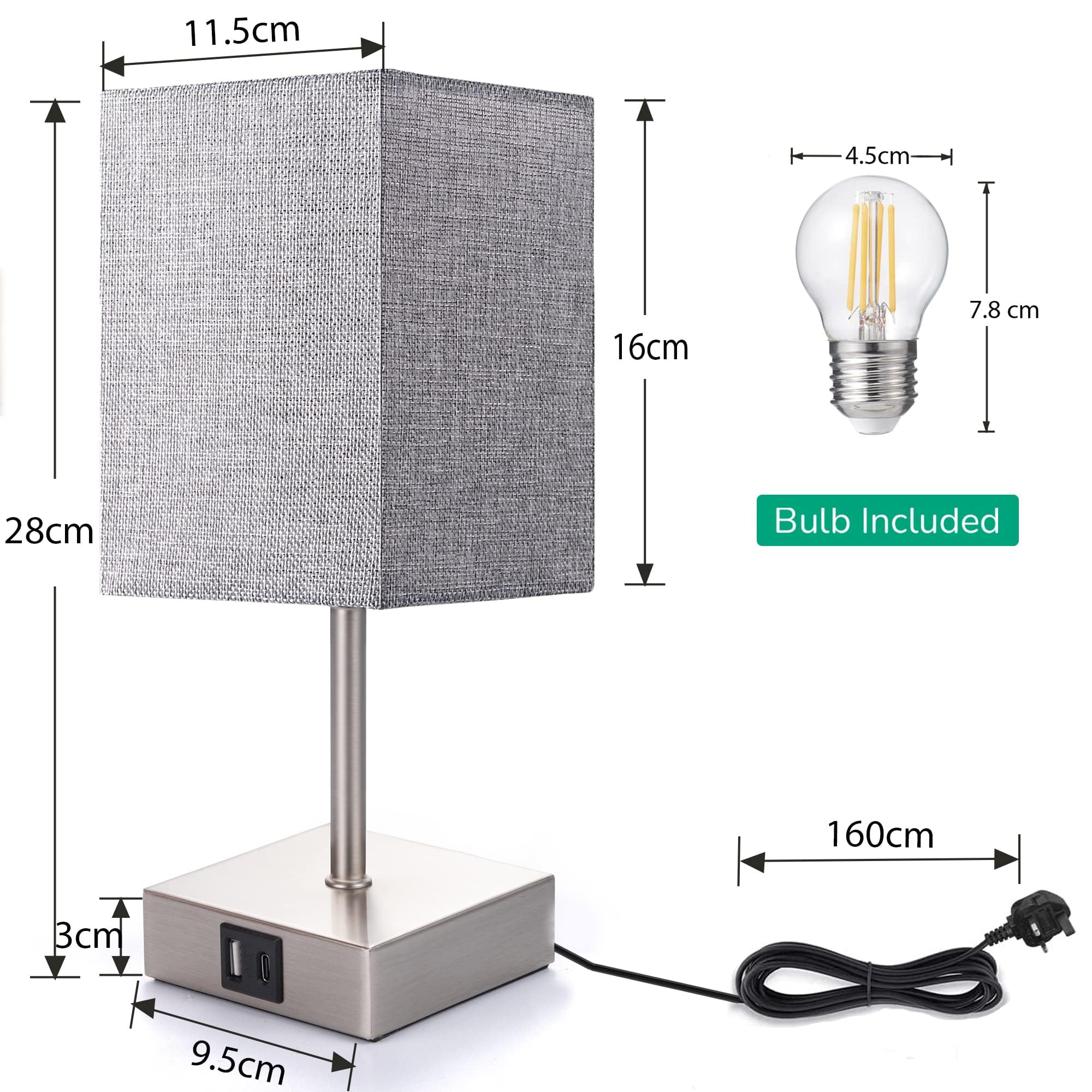 EDISHINE 2-Pack Dimmable Bedside Lamps with USB A+C Charging Ports, Touch Control Table Lamps for Bedroom & Living Room, Grey (LED Bulbs Included) - Perfect for Night Reading and Modern Home Decor