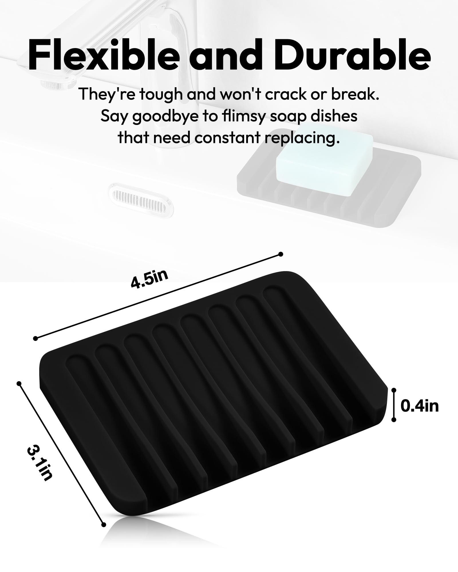 Self Draining Soap Dish for Shower, Kitchen & Bathroom Sink - 2 Pack Black Silicone Soap Holder (3.1