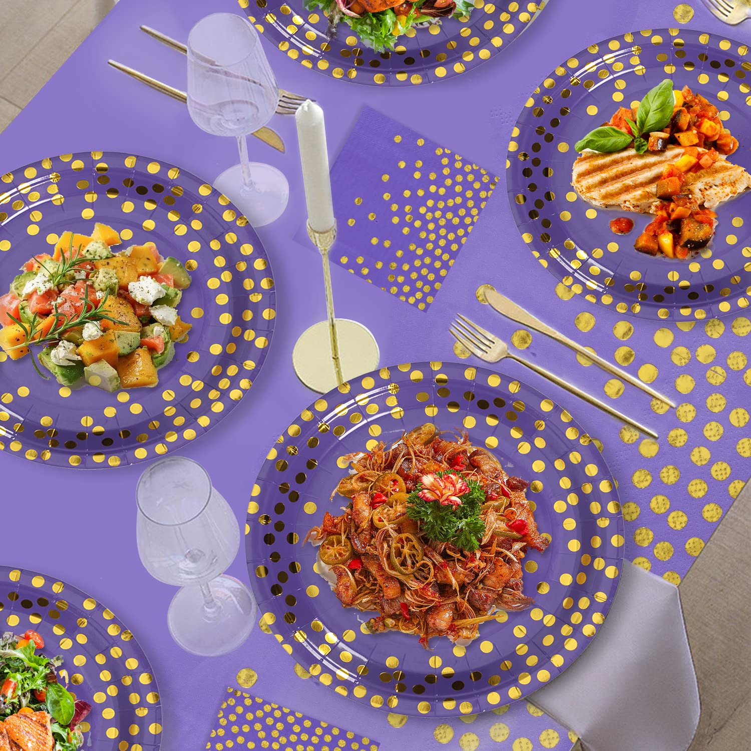 Purple and Gold Paper Plates - 100 Pack (50 x 7