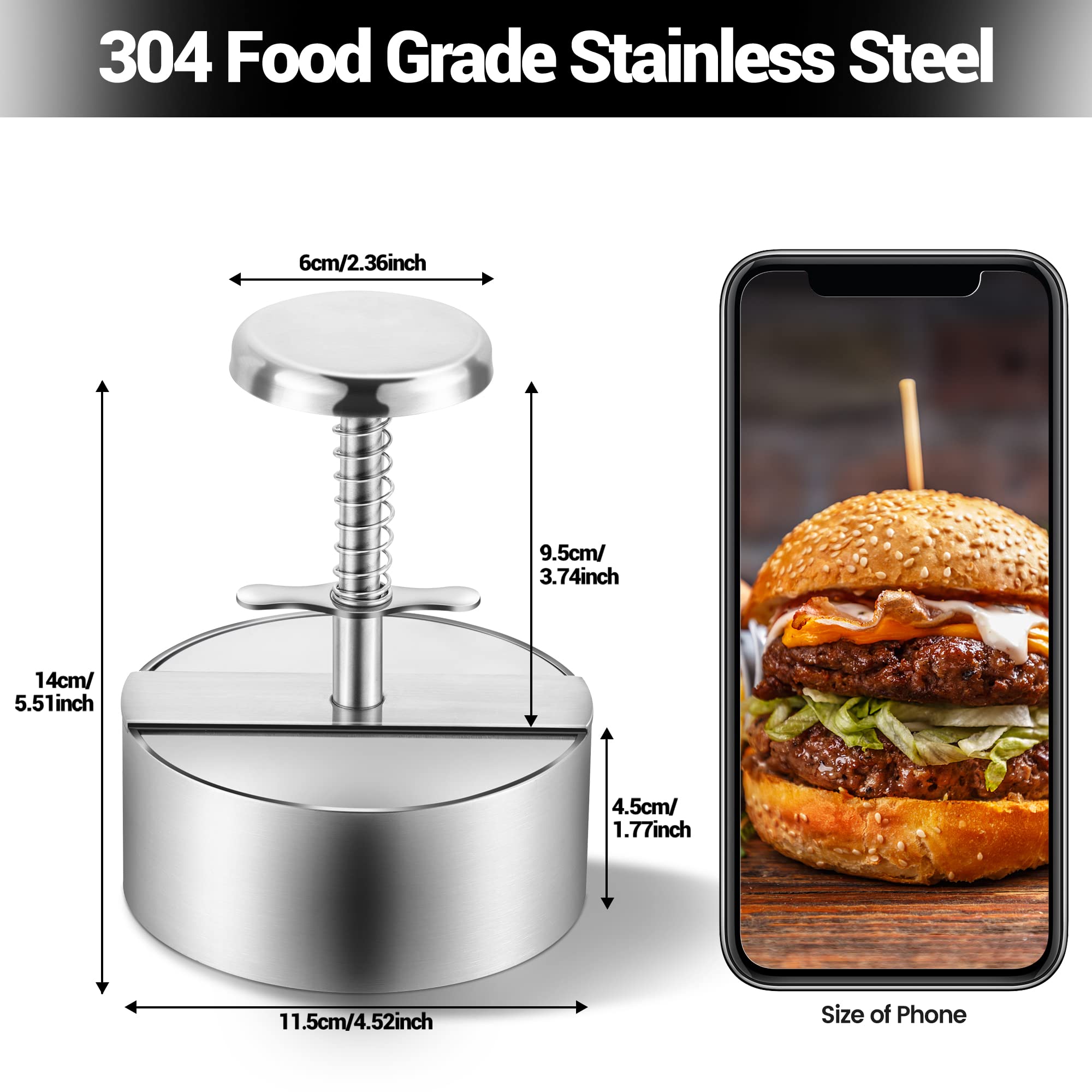 304 Stainless Steel Adjustable Burger Press Maker - Non-Stick Patty Shaper for Beef, Veggie & BBQ Burgers (4.52 Inch) - Perfect for Home Cooking, Backyard Grilling & Restaurant Use