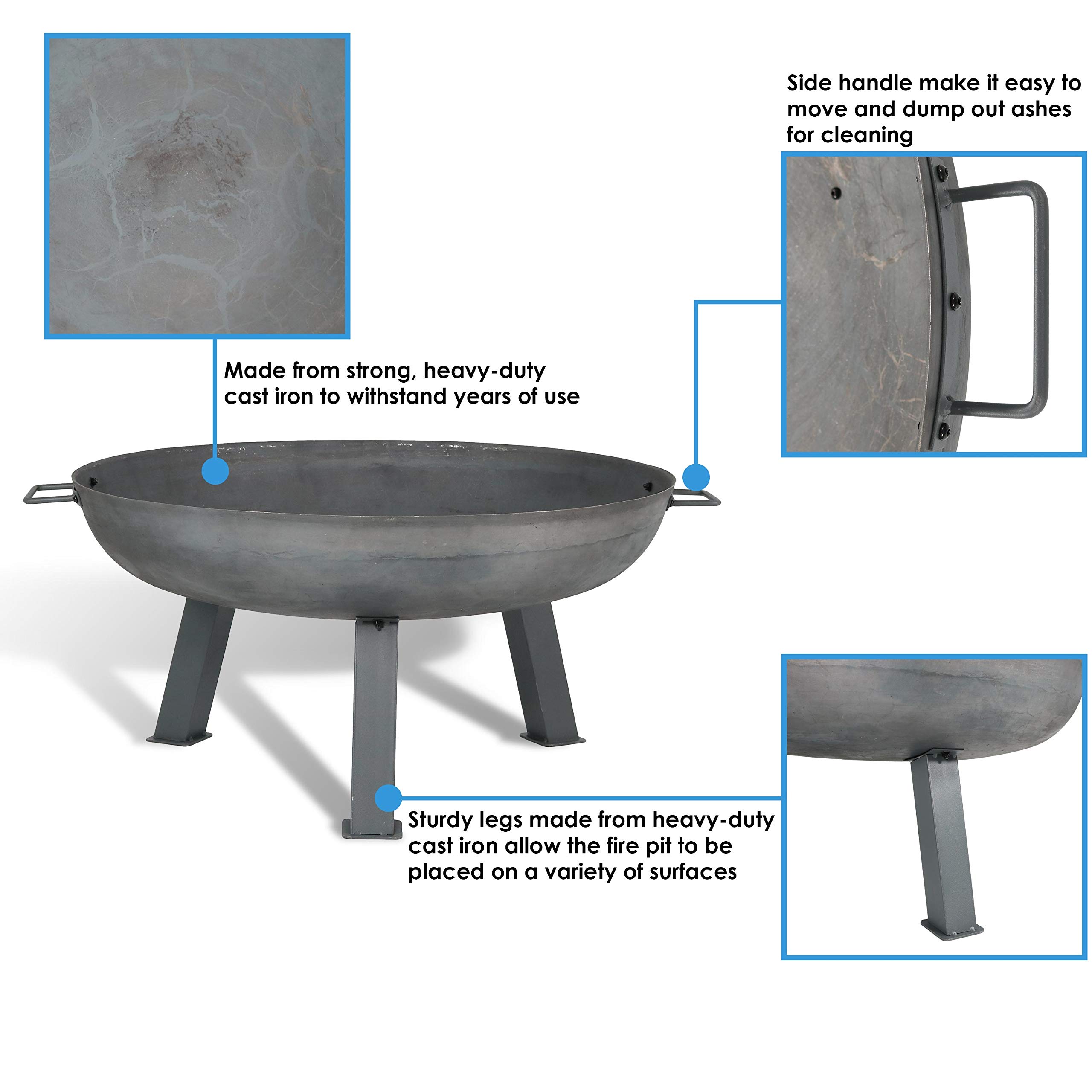 30-Inch Heavy-Duty Cast Iron Wood-Burning Fire Pit for Outdoor Use - Rust-Resistant Steel Finish Fire Bowl with Handles - Perfect for Backyard, Patio, Camping & Bonfire Nights