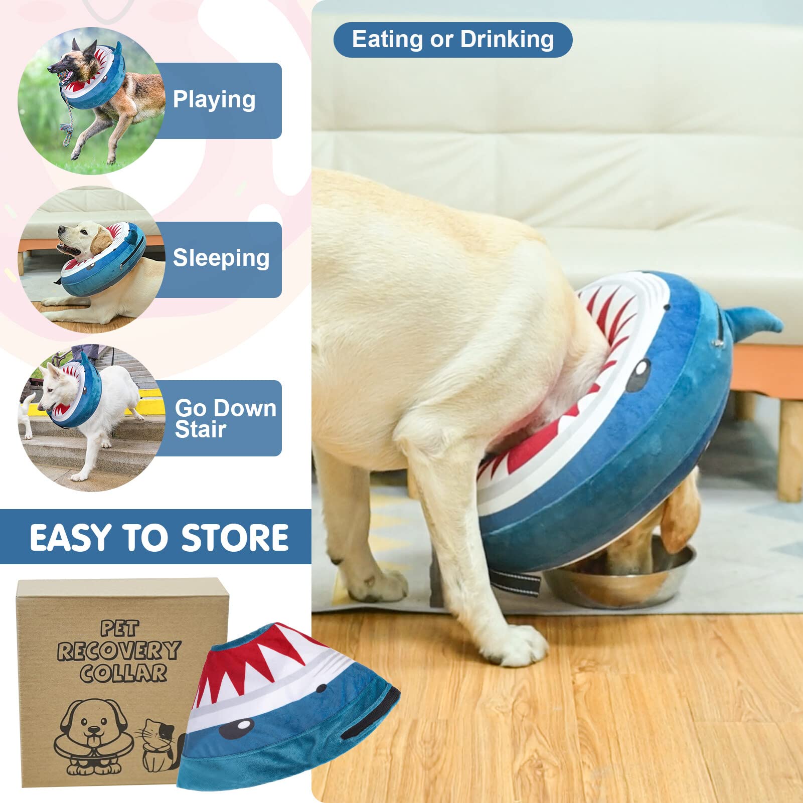 Soft Inflatable Dog Cone Collar Alternative for Post-Surgery Recovery - Comfortable E-Collar for Large, Medium & Small Dogs & Cats (Shark Blue) | Prevents Licking & Scratching Wounds | Perfect for Spay/Neuter, Injury Healing & Allergy Protection