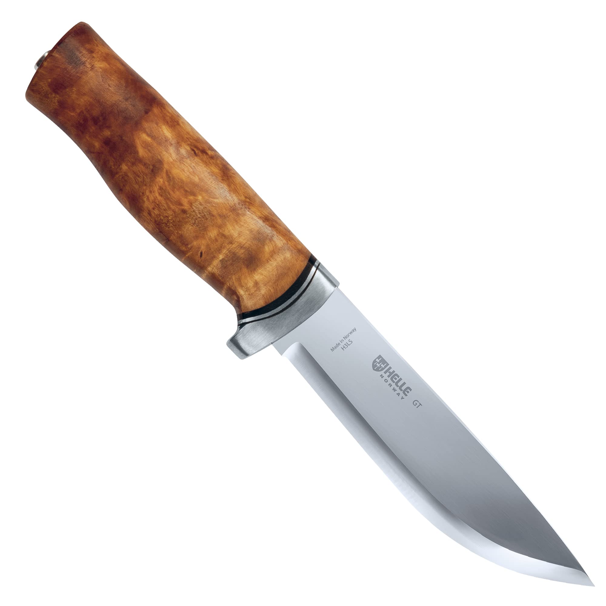 Helle Knives GT H3LS Fixed Blade Hunting Knife - Curly Birch Wood Handle, Aluminum Finger Guard, Triple Laminated Stainless Steel - Scandi Grind with Leather Sheath - Perfect for Outdoor Camping, Hunting & Bushcraft Activities