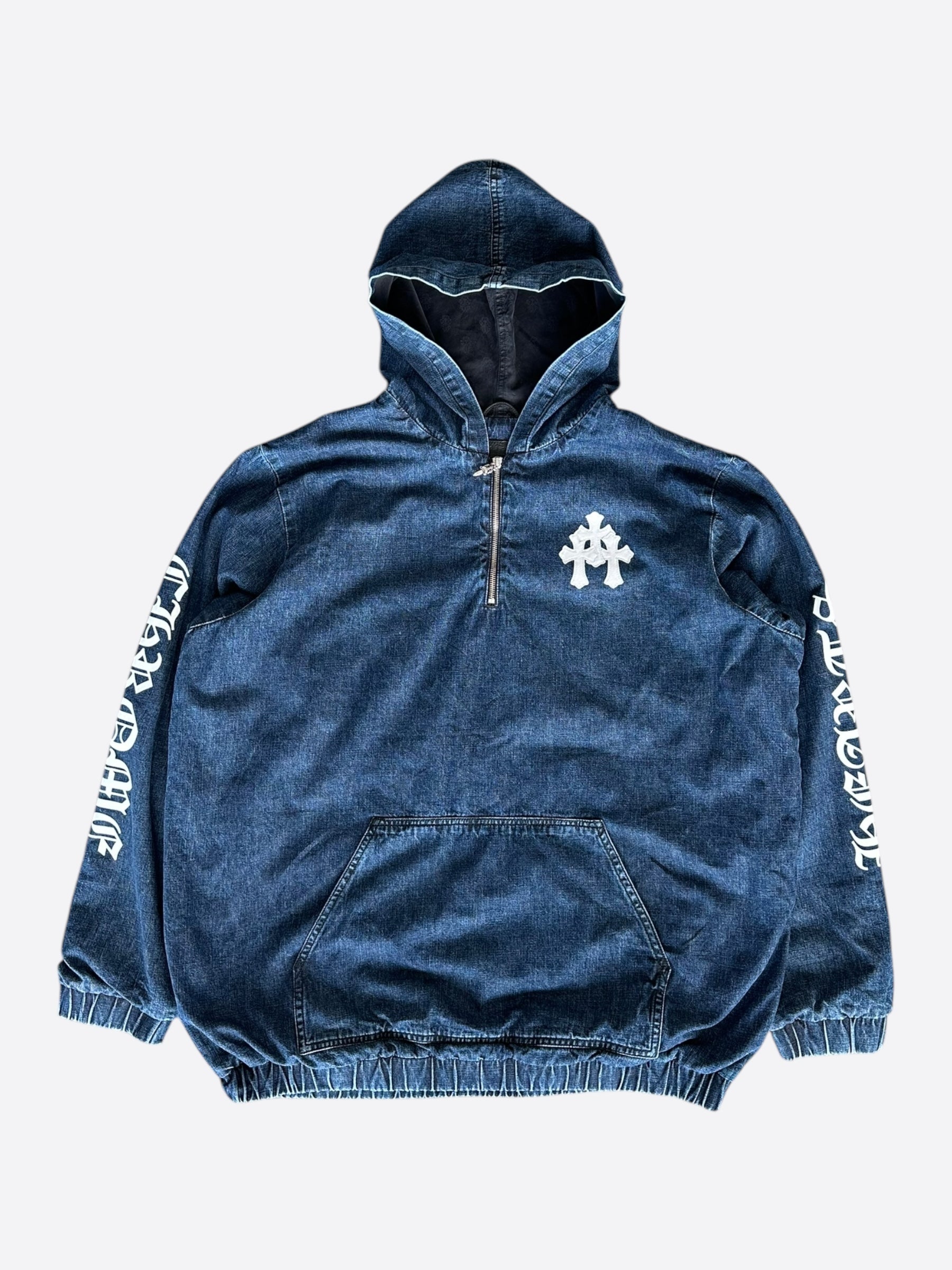 Chrome Hearts Blue & White Cross Patch Denim Anorak Jacket - Stylish Streetwear for Men & Women | Perfect for Casual Outfits, Music Festivals & Urban Fashion