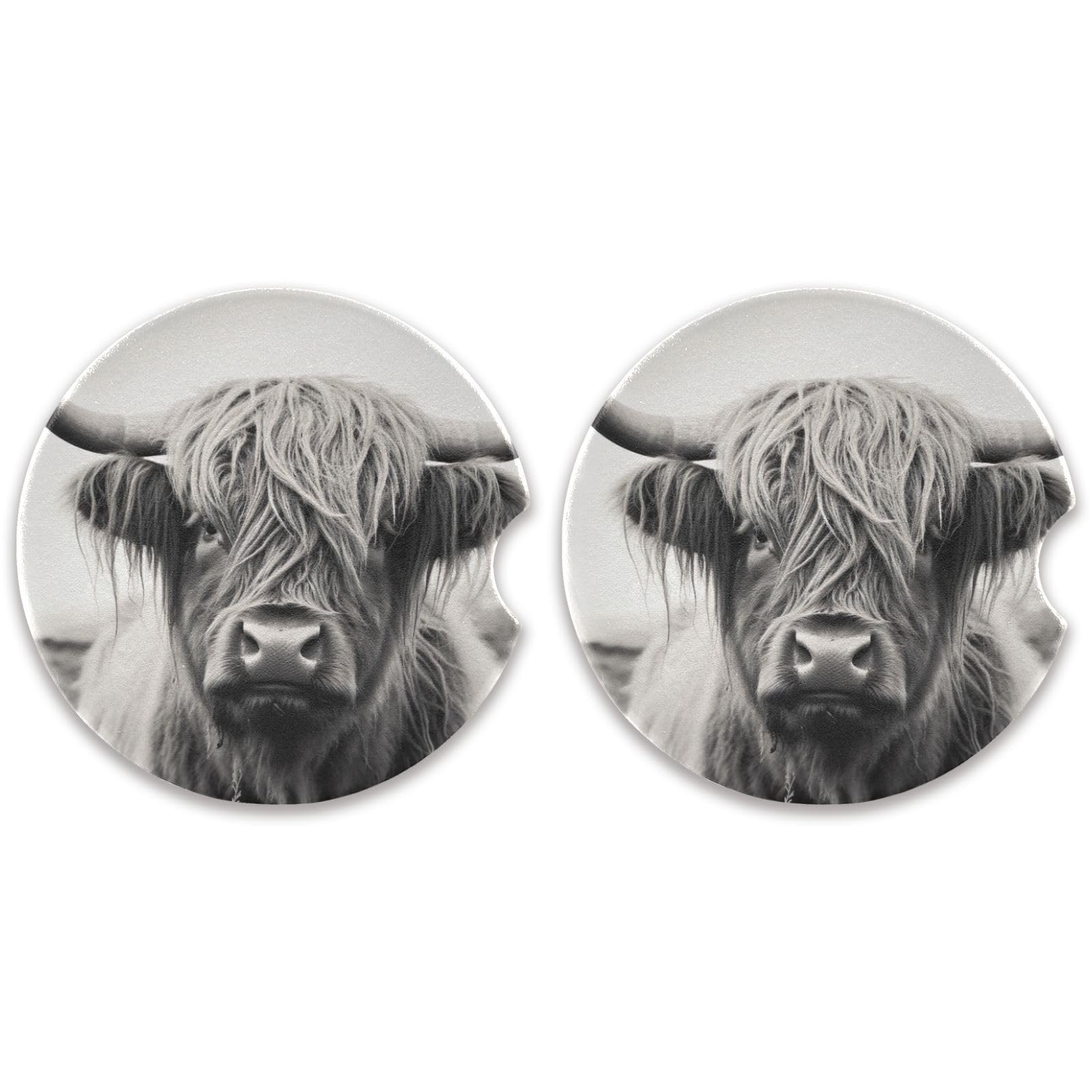 Highland Cow Car Coasters 2 Pack - Absorbent Ceramic Stone Cup Holders with Non-Slip Grip for Car, Truck & SUV - Cute Scottish Themed Drink Coasters for Coffee, Soda & Beverages