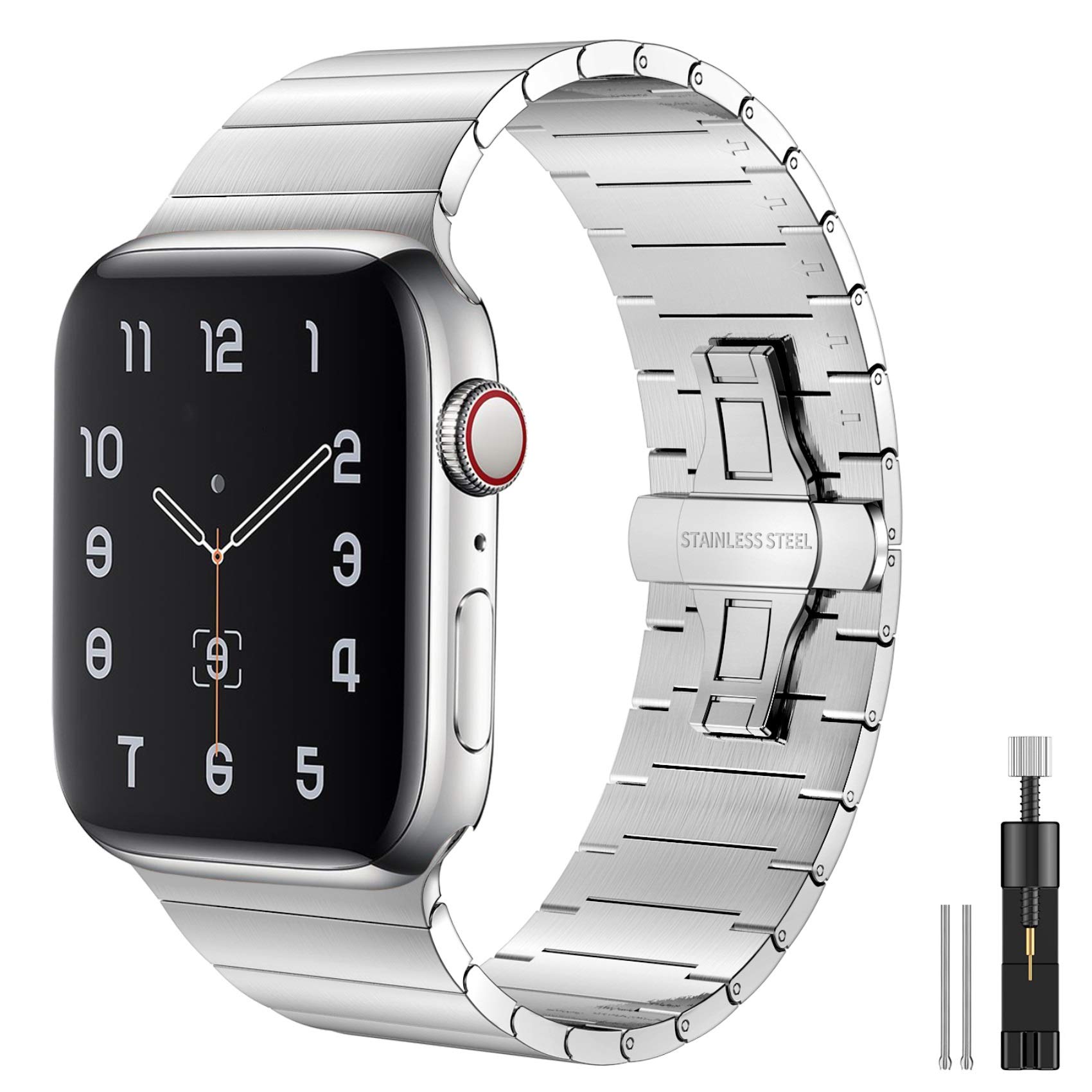 Fitlink Upgraded Stainless Steel Metal Watch Band for Apple Watch Series 6/SE/5/4/3/2/1 - 38mm 40mm Compatible Bands - Silver, Perfect for Workout, Office & Everyday Wear