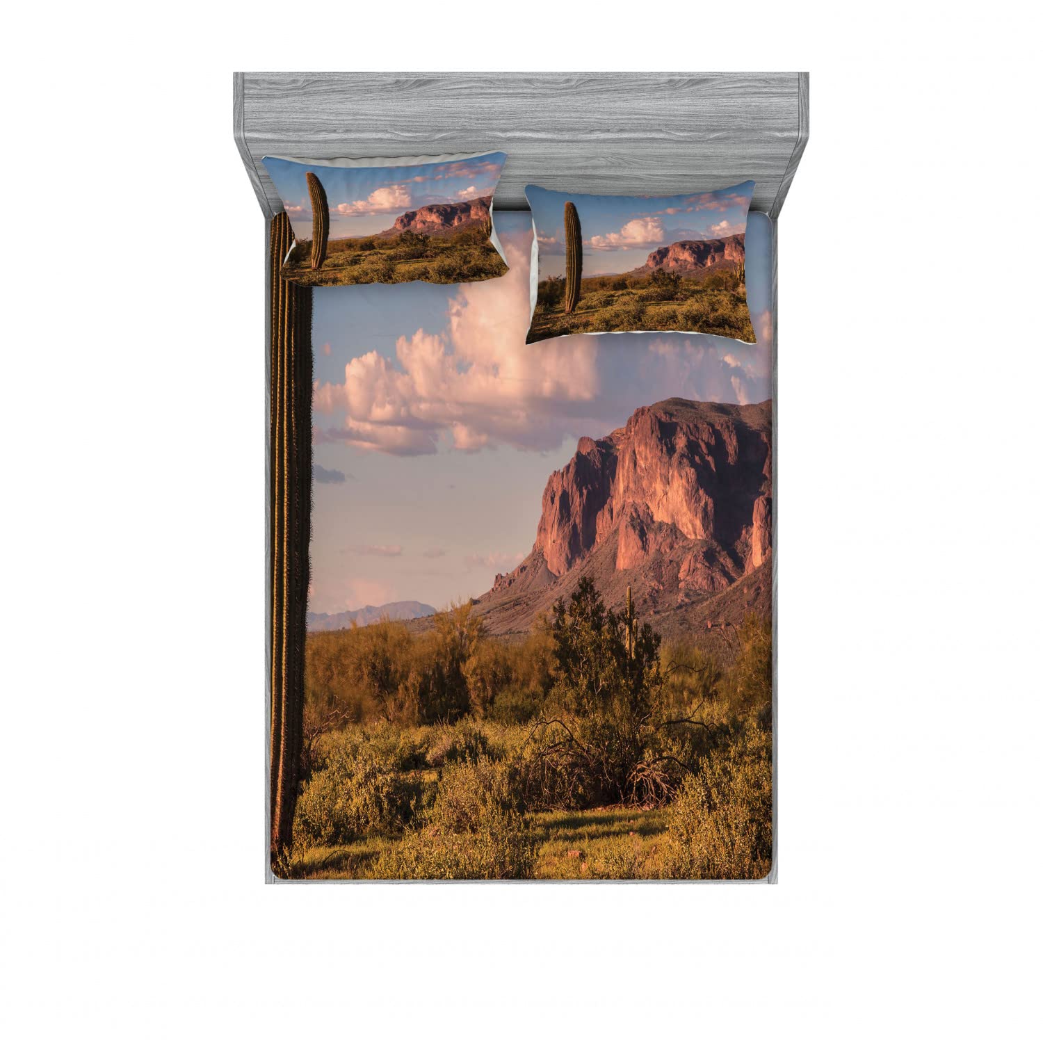 Ambesonne 2-Pack Queen Size Fitted Sheets & 4 Pillow Shams Set - Mountain Landscape Bedding Decor in Brown Blue Green | State Park Themed Bedroom Accessories for Cozy Cabin Retreats & Nature-Inspired Home Decor