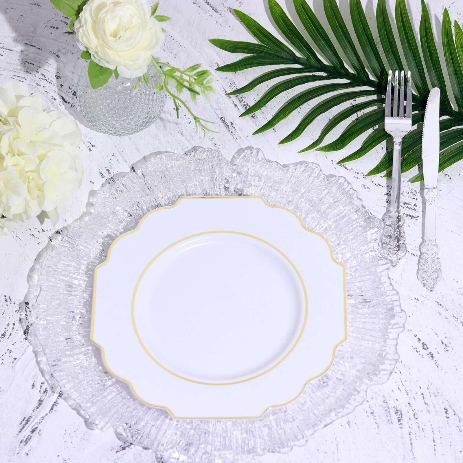 Efavormart 10 Pack 8 Inch White Plastic Dessert Plates - Disposable Gold Rim Baroque Style Salad Plates for Parties, Weddings & Elegant Events
