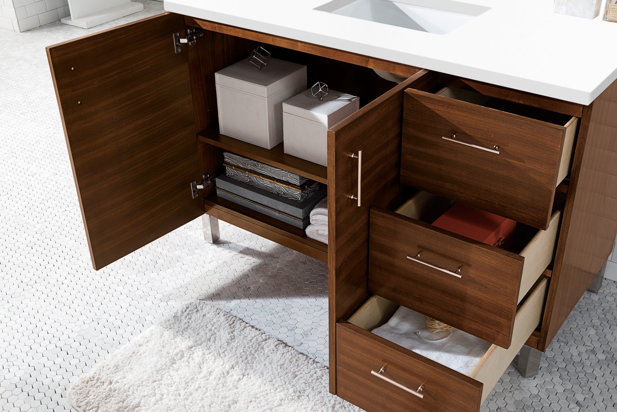Metropolitan 48 Inch Single Bathroom Vanity with American Walnut Finish & 3CM Classic White Quartz Countertop - Perfect for Modern Master Bathrooms & Powder Rooms