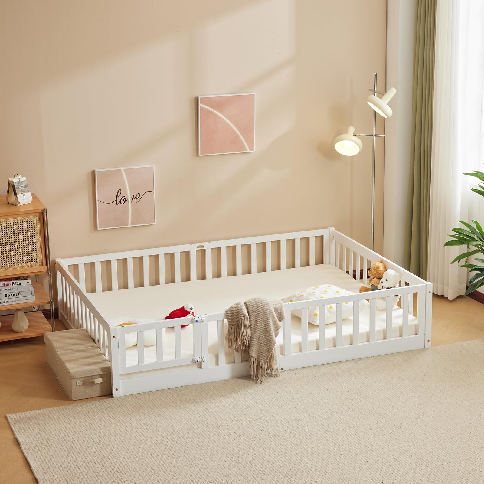 Montessori Toddler Floor Bed with Safety Door & Fence - Solid Wood Queen Bed Frame for Kids, 12 Slats & Guardrails - Perfect for Girls & Boys Bedroom (White) | Safe Sleep Solution for Montessori & Daycare Use