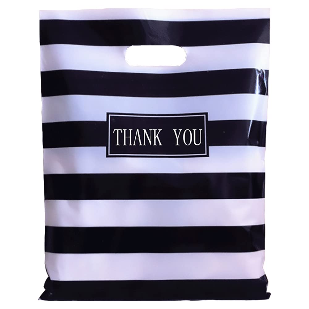 Daarcin 100pcs 12x16in Black and White Striped Plastic Shopping Bags with Handles - Reusable Retail Merchandise Bags for Boutique, Party Favors, Goodie Bags, Clothing Stores & Business Use | Perfect for Gift Packaging, Retail Shopping & Event Giveaways