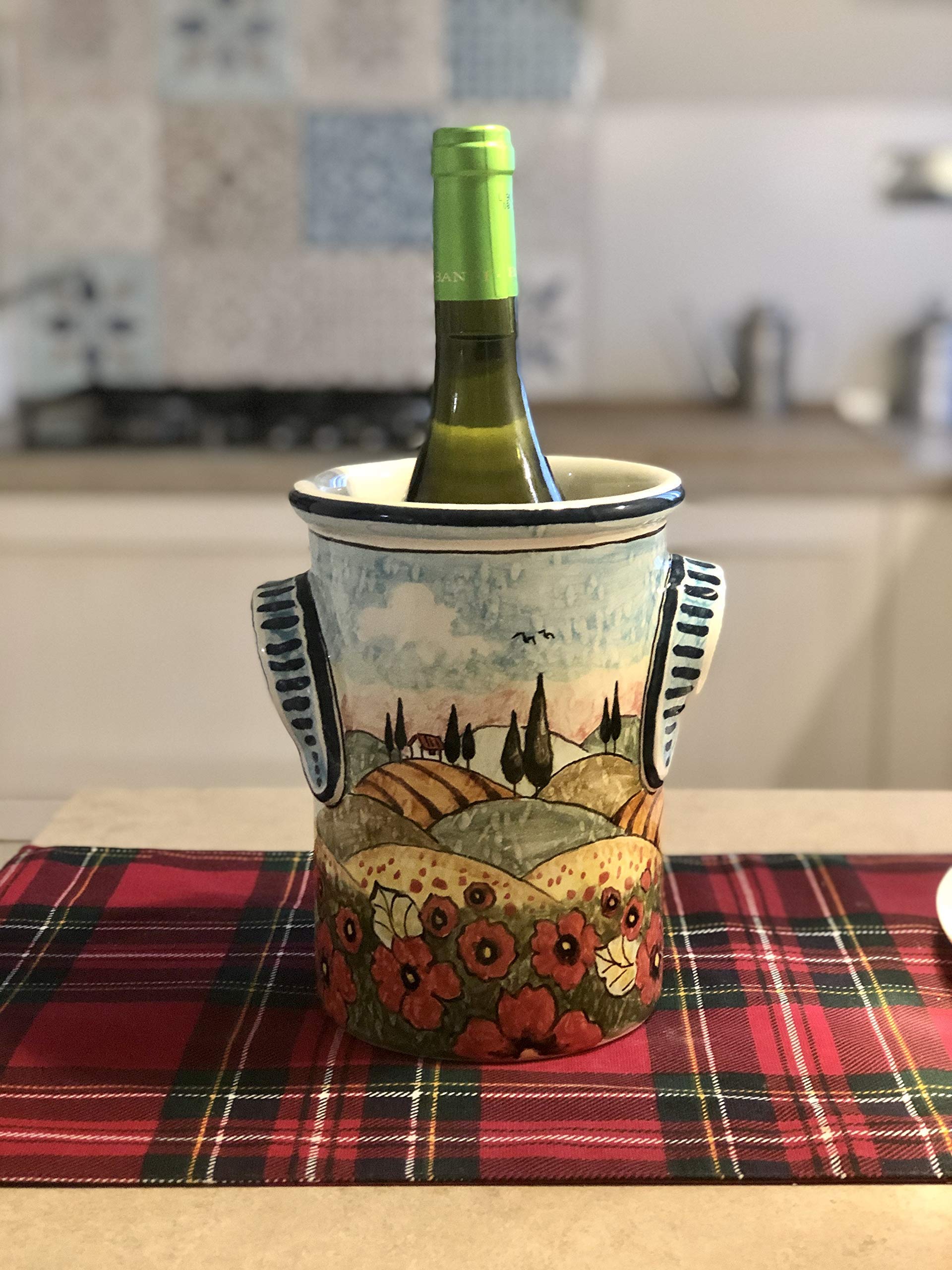 Hand-Painted Italian Ceramic Utensil Holder & Wine Bottle - Tuscan Landscape with Poppies Design - Art Pottery Made in Italy - Perfect for Kitchen Decor & Wine Storage