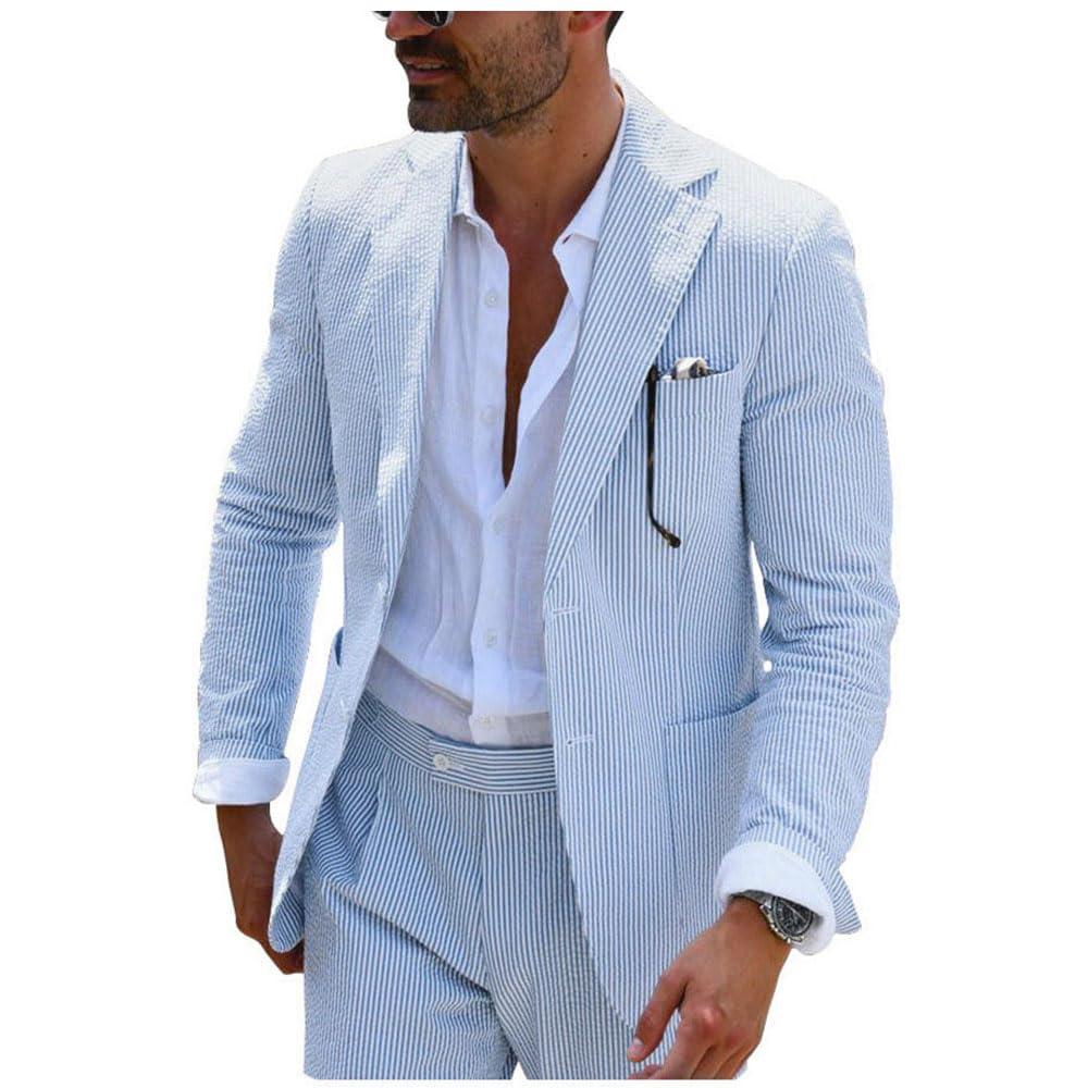 Men's Slim Fit Seersucker Suit - Lightweight Striped Wedding Suit for Groom, Summer Business Casual, Beach & Outdoor Events