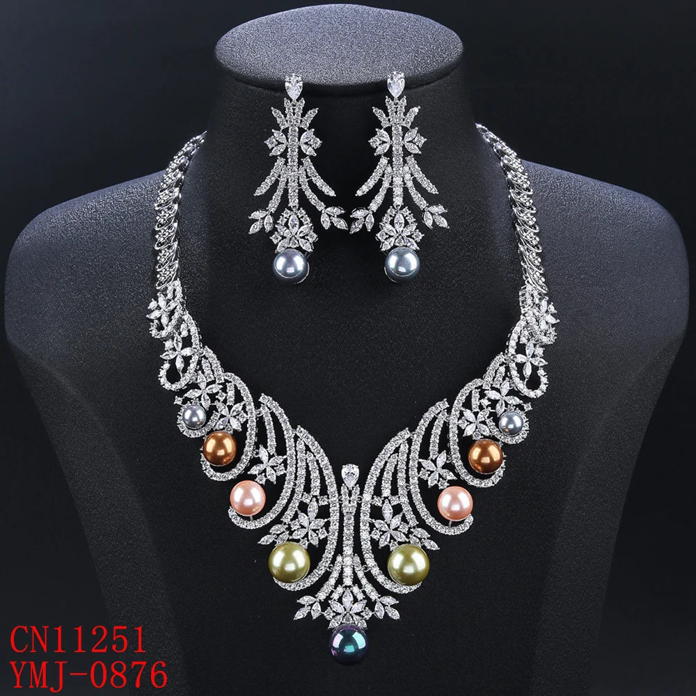 Luxury Cubic Zirconia Flower Necklace for Women - Colorful Pearl Jewelry Set, Elegant Bridal Wedding Accessories - Perfect for Weddings, Anniversaries & Special Occasions