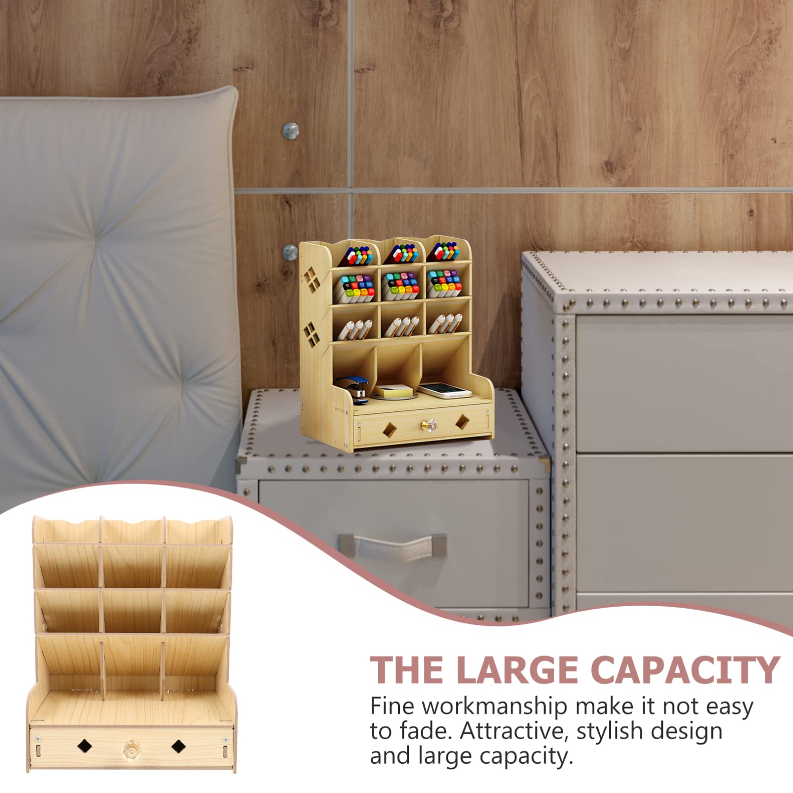 ibasenice Wooden Desktop Organizer - Multi-Purpose Phone Stand & Pen Holder with Storage Compartments | Perfect for Office, Home Desk, and School Stationery Organization