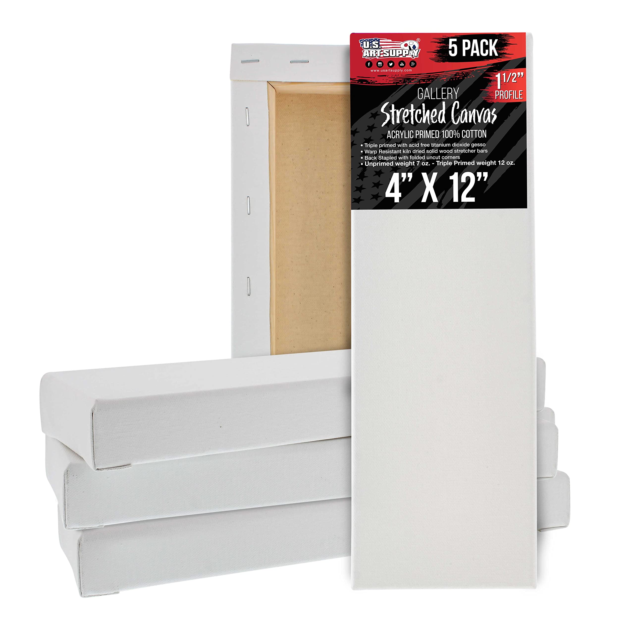 U.S. Art Supply 5-Pack 4x12 Inch Gallery Depth Stretched Canvas - 1.5