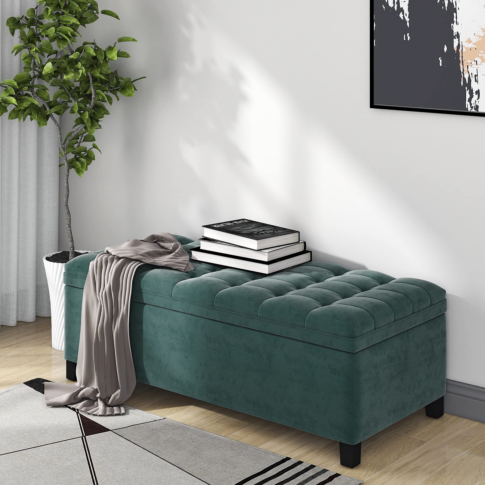 JSKJ Flip Top Storage Ottoman Bench - Upholstered Padded Seat, Bed End Stool & Storage Chest for Bedroom & Living Room - Perfect for Small Space Organization & Extra Seating (Green)