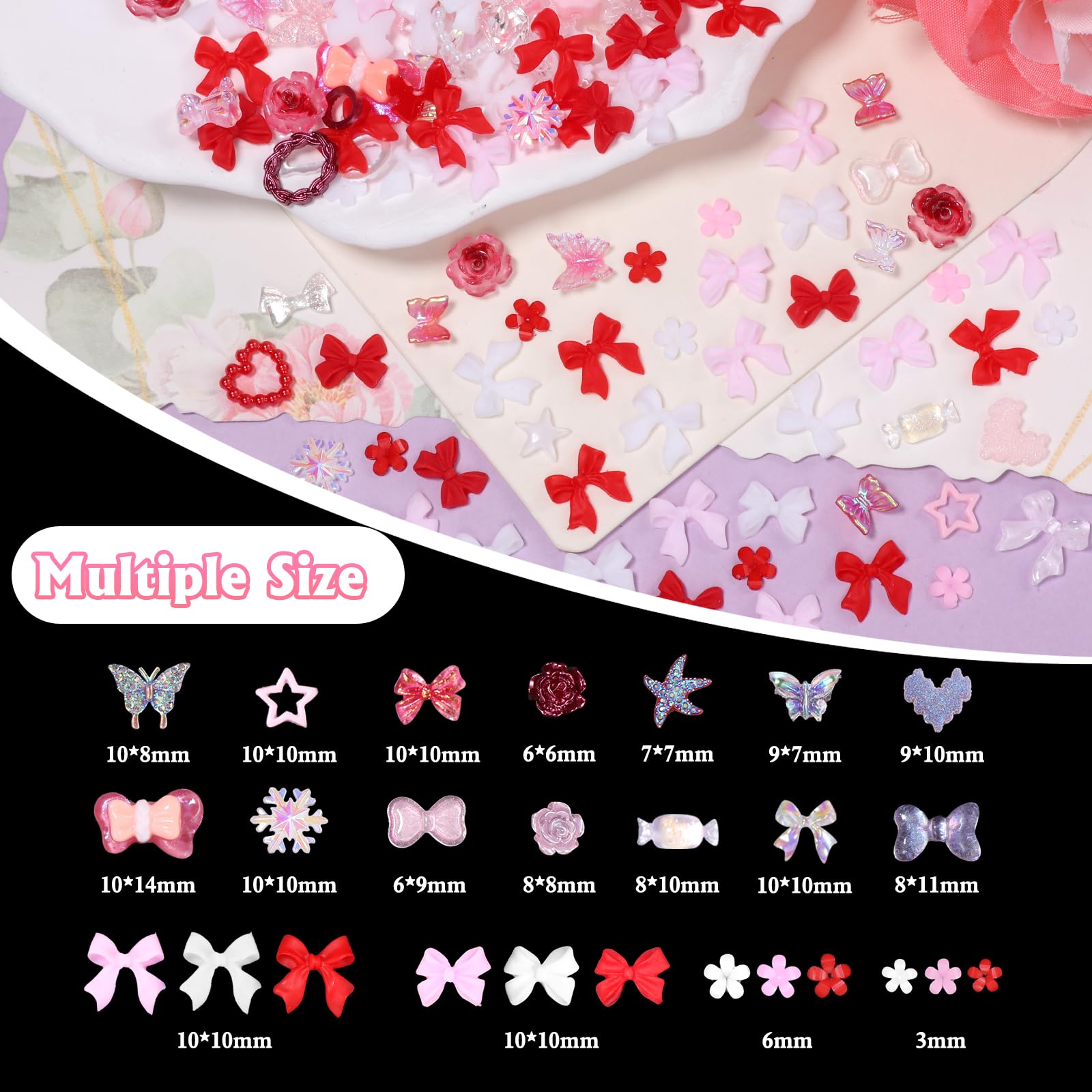2 Boxes Flower Nail Charms and Rhinestones - Red Pink Bows, Tiny Flowers & Butterfly Nail Art Charms for DIY Nail Accessories | Perfect for Manicures, Nail Salons & Home Nail Art Decoration