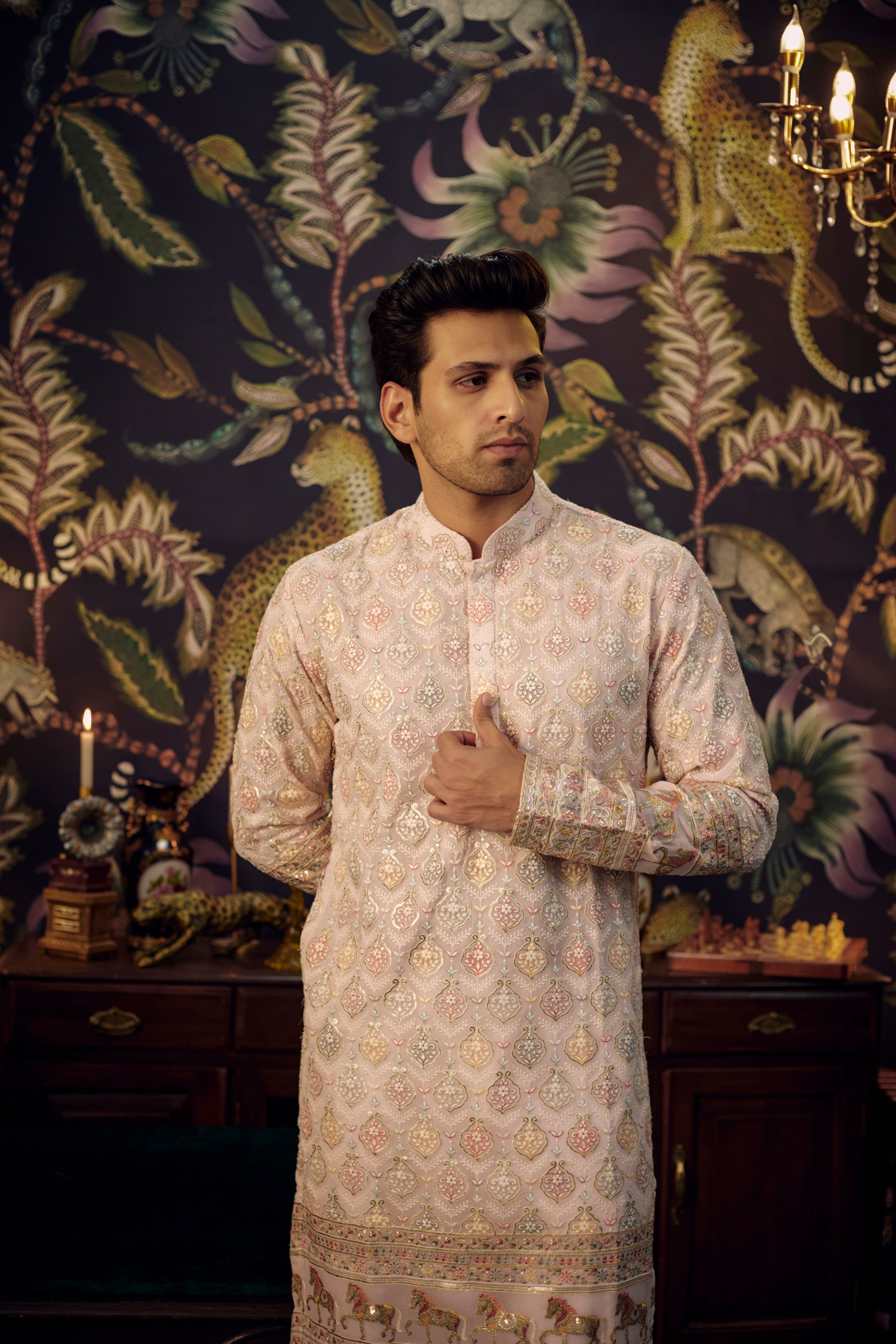 Exquisite Pink Embroidered Kurta with Intricate Horse Figures - Elegant Indian Ethnic Wear for Women, Perfect for Festivals, Weddings & Special Occasions