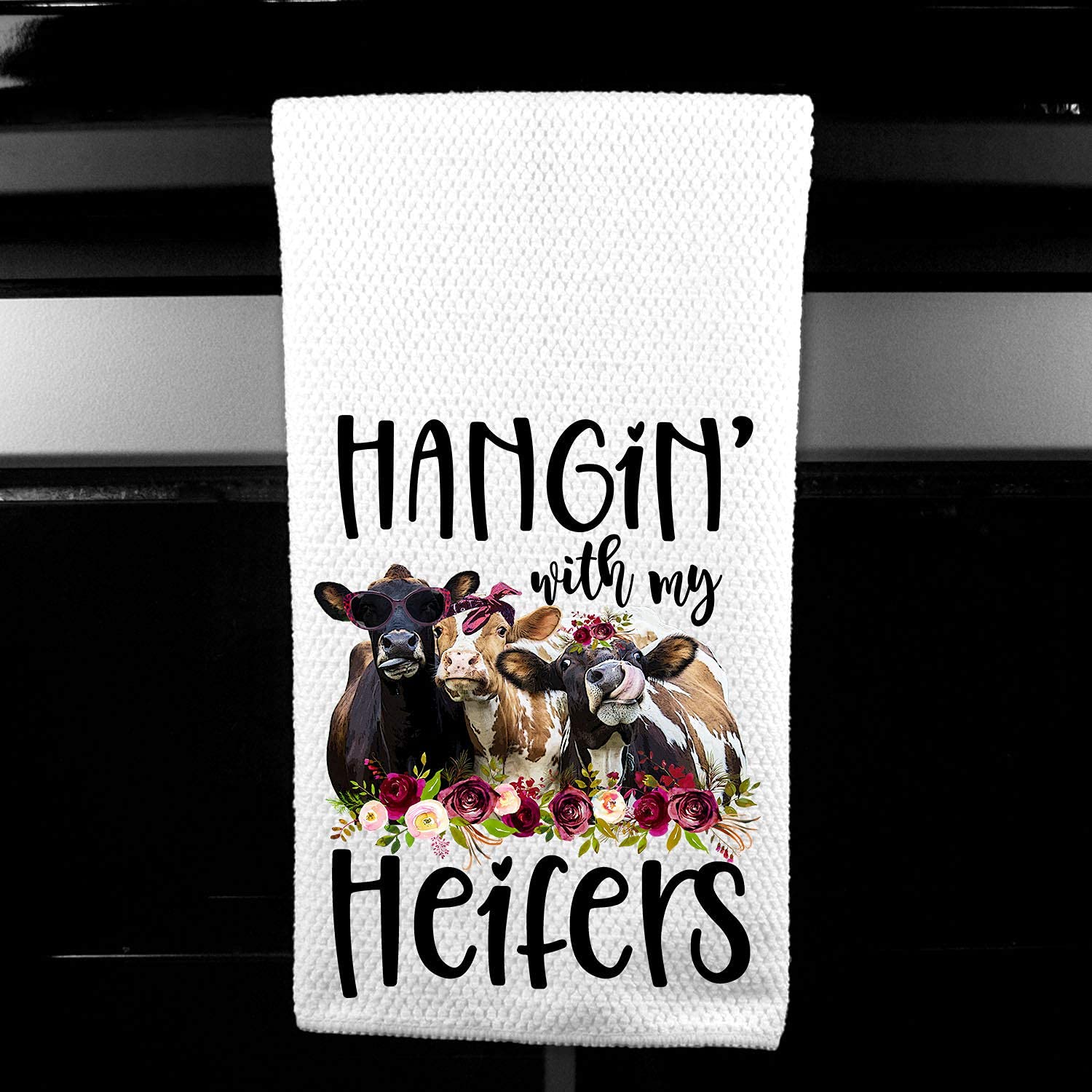 Funny Cow Farm Microfiber Kitchen Towel - Hanging with My Heifers Design - Absorbent & Durable for Kitchen, Dining & Farmhouse Decor
