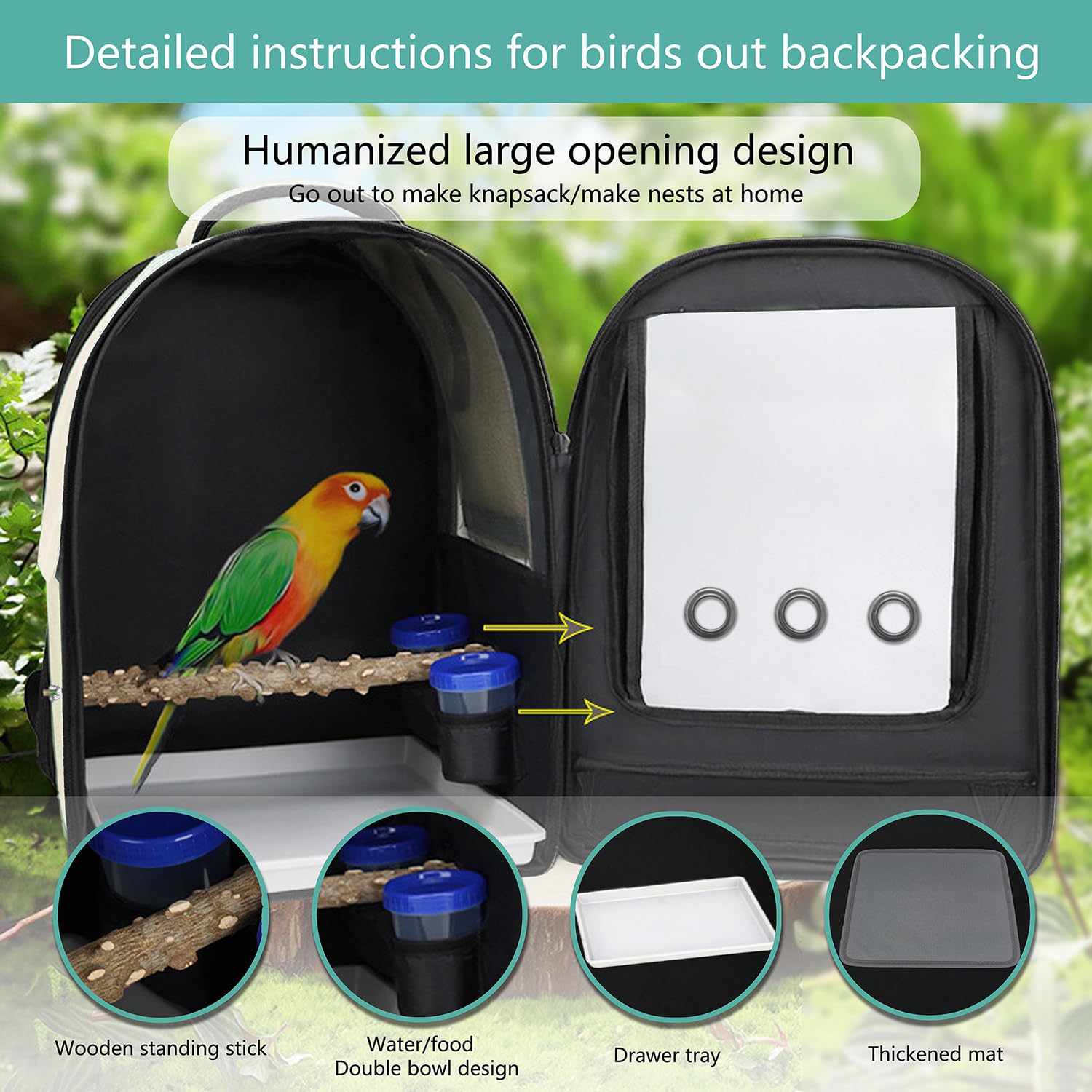 **Bird Travel Backpack Carrier - Portable Cage with Tray, Perch, Feeding Tank & Waterproof Pad for Parakeets, Lovebirds & Small Birds | Perfect for Outdoor Adventures, Vet Visits & Travel**
