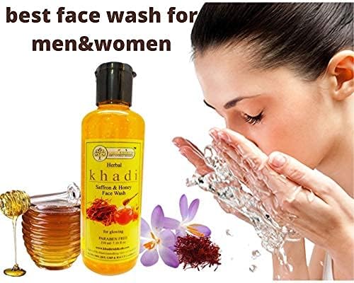 Khadi Rishikesh Saffron Honey Face Wash for Glowing Skin - Deep Pore Cleansing & Acne Treatment | Unisex Ayurvedic Facial Cleanser (210ml) Made in India with Free Rumal | Perfect for Daily Skincare Routine & Travel