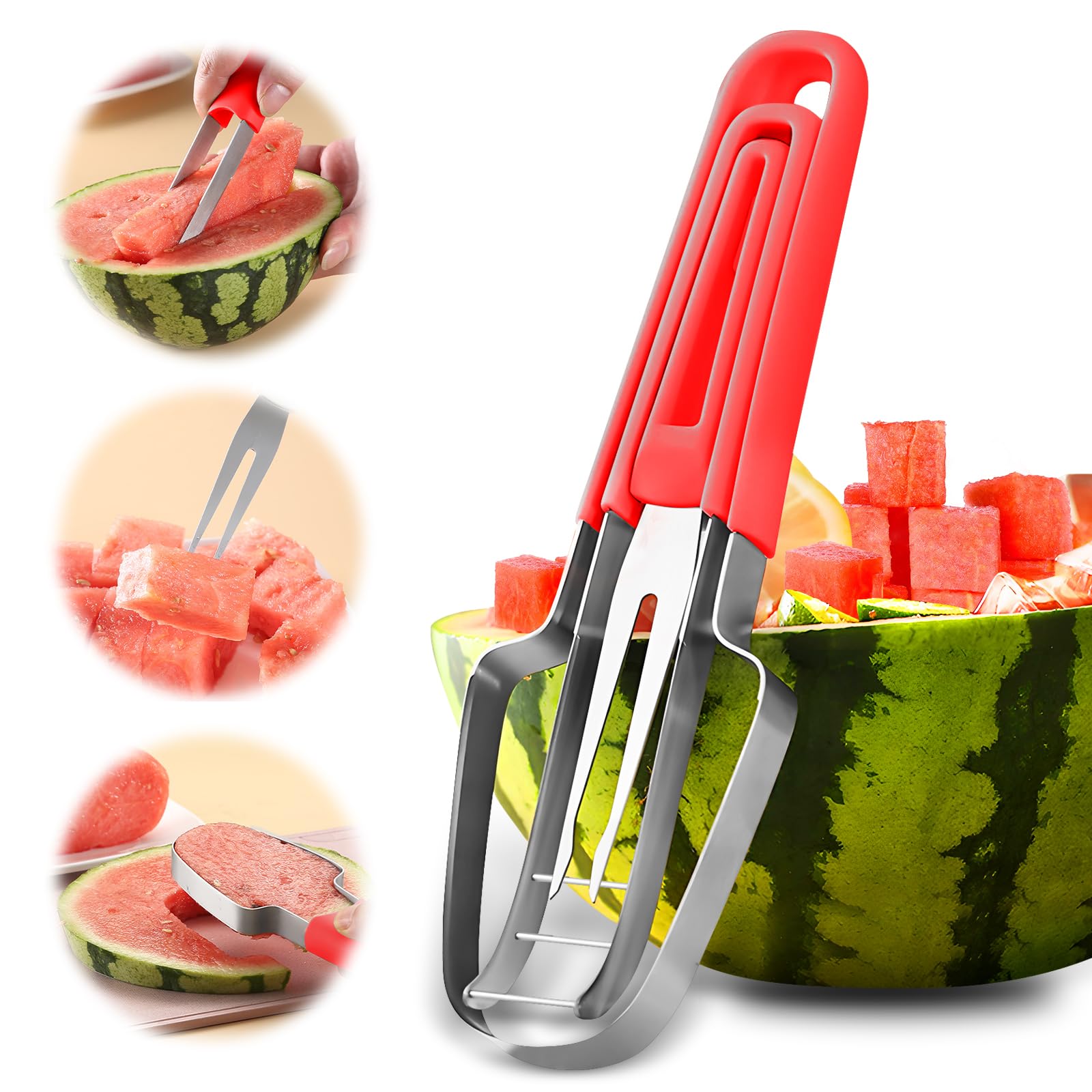 3-in-1 Watermelon Cutter with Fork Slicer & Popsicle Maker - Multi-Functional Melon Baller for Kitchen, Camping, Picnics & BBQ (Red) - Perfect for Summer Parties, Beach Outings & Family Gatherings