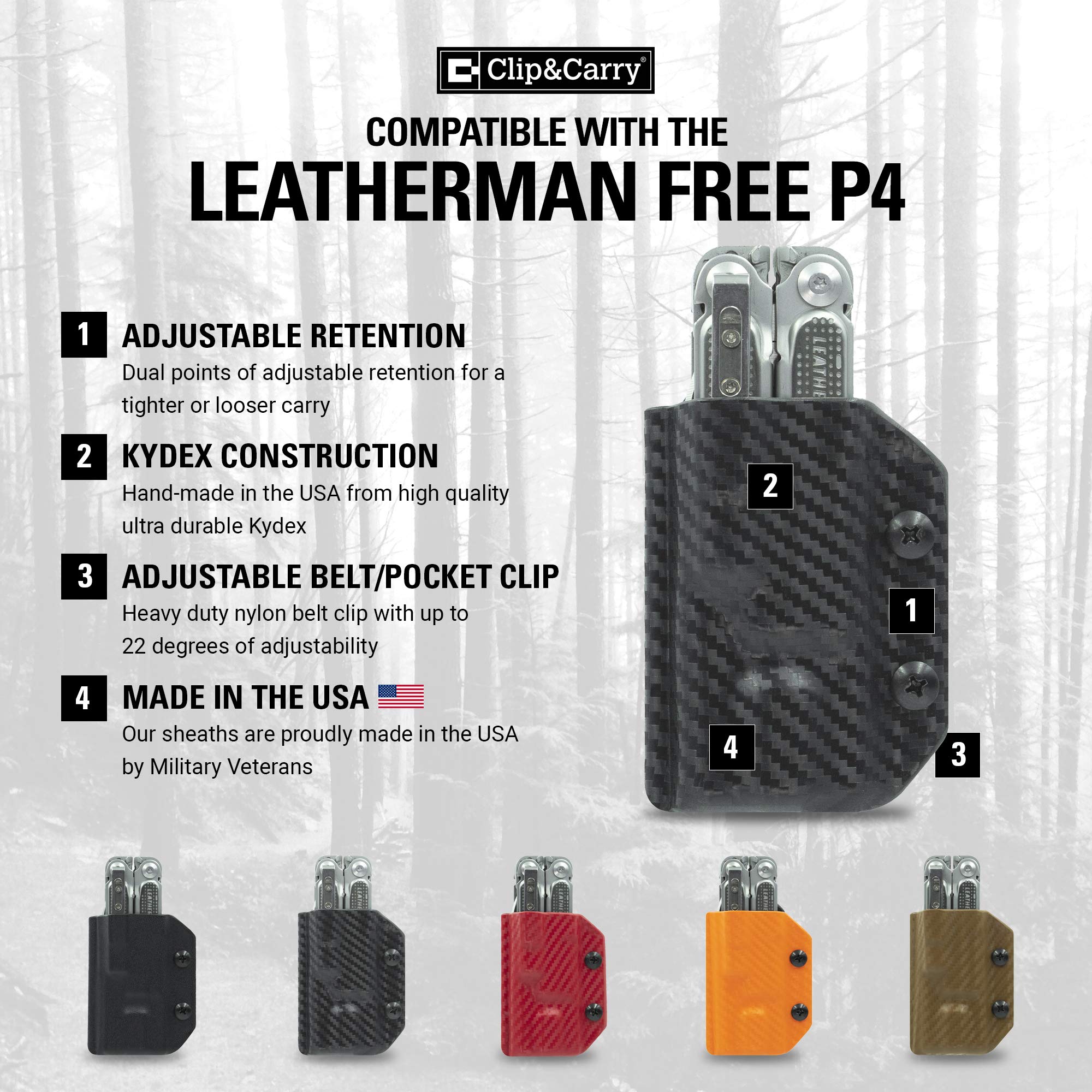 LEATHERMAN Free P4 Kydex Multitool Sheath - Clip & Carry EDC Holster Cover (Black) | Made in USA | Durable & Lightweight for Outdoor, Camping & Everyday Carry