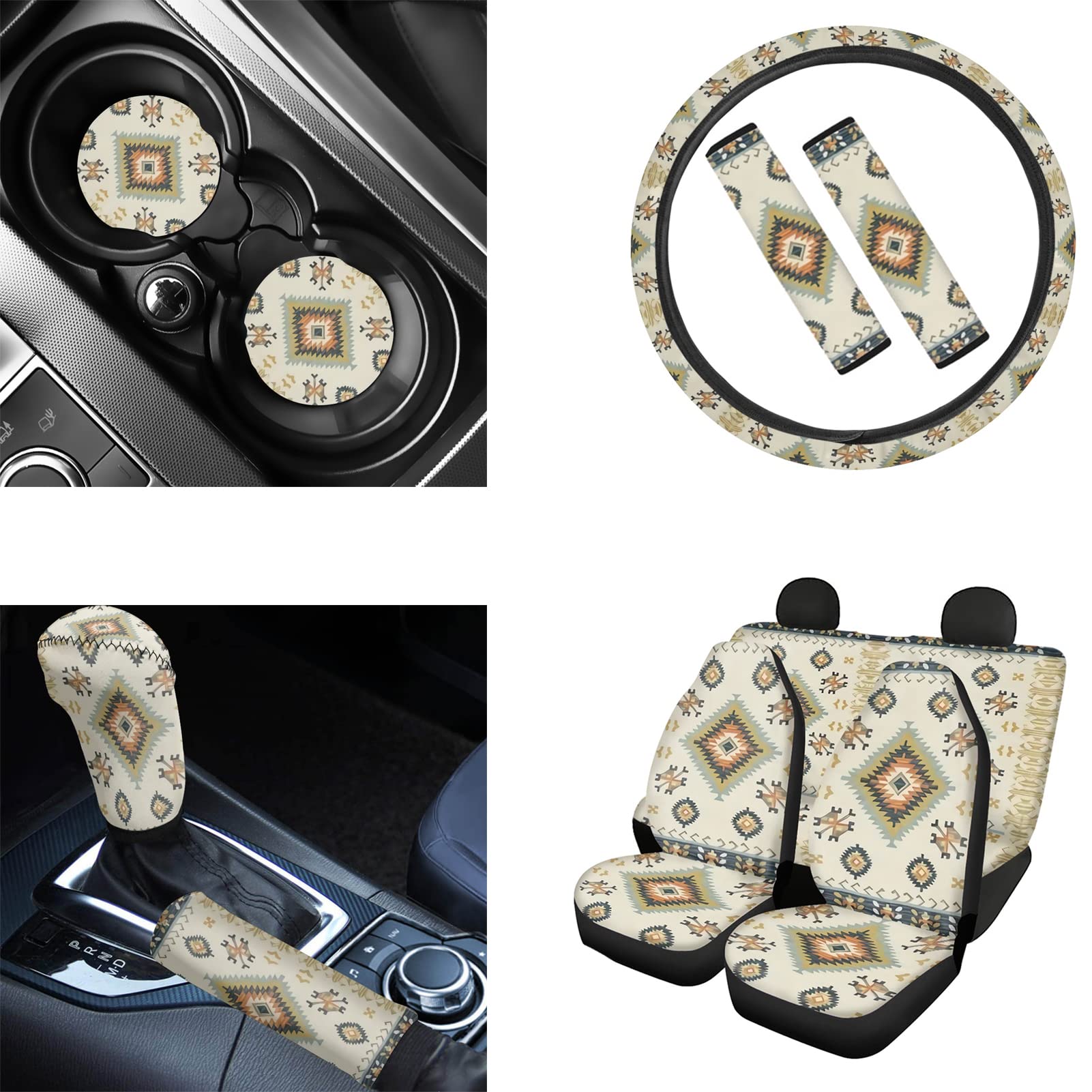 PZZ BEACH Aztec Southwest Style 11-in-1 Car Seat Covers Set with Coasters, Seatbelt Pads, Shift Knob & Steering Wheel Cushion - Perfect for SUVs, Trucks & Road Trips