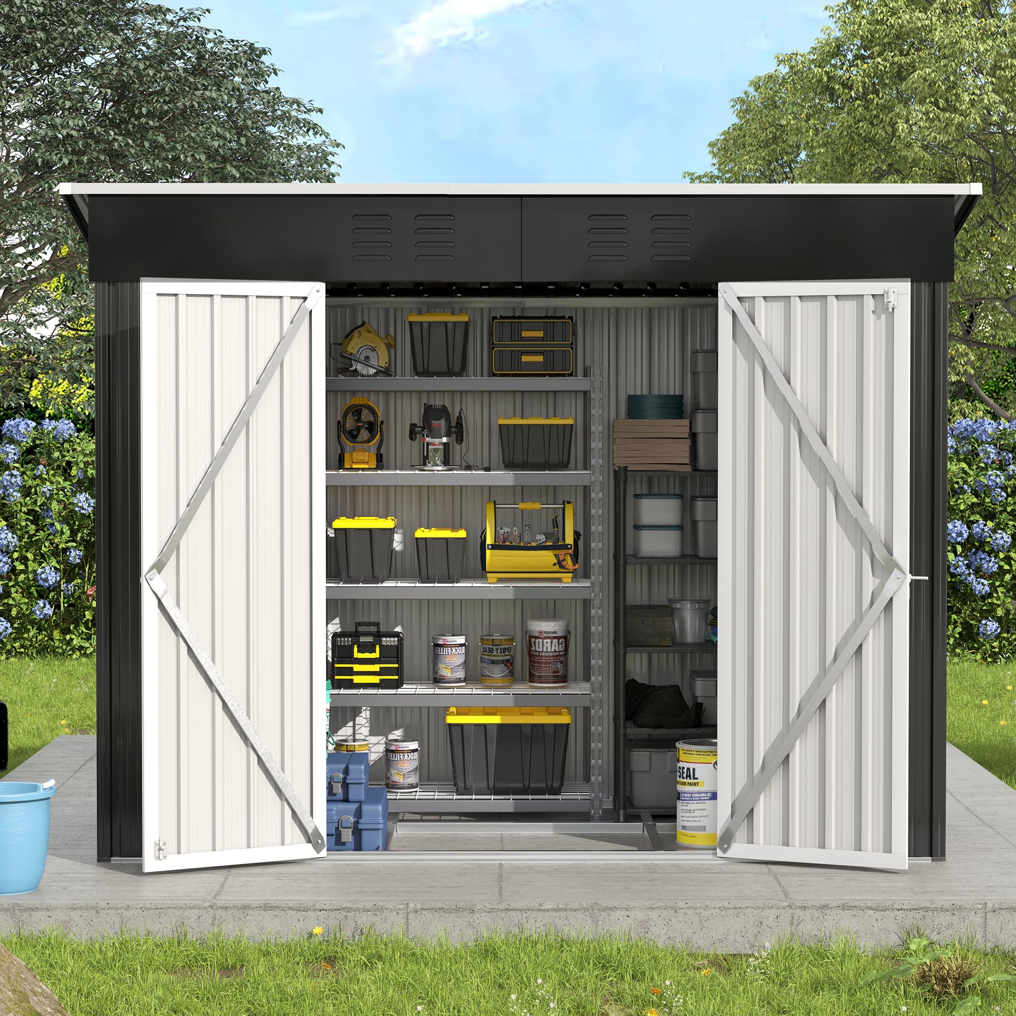 8x4 FT Outdoor Storage Shed - Galvanized Steel Metal Tool Shed with Lockable Door for Patio, Yard & Lawn - Perfect for Storing Bikes, Lawnmowers & Garden Equipment (Dark Grey)