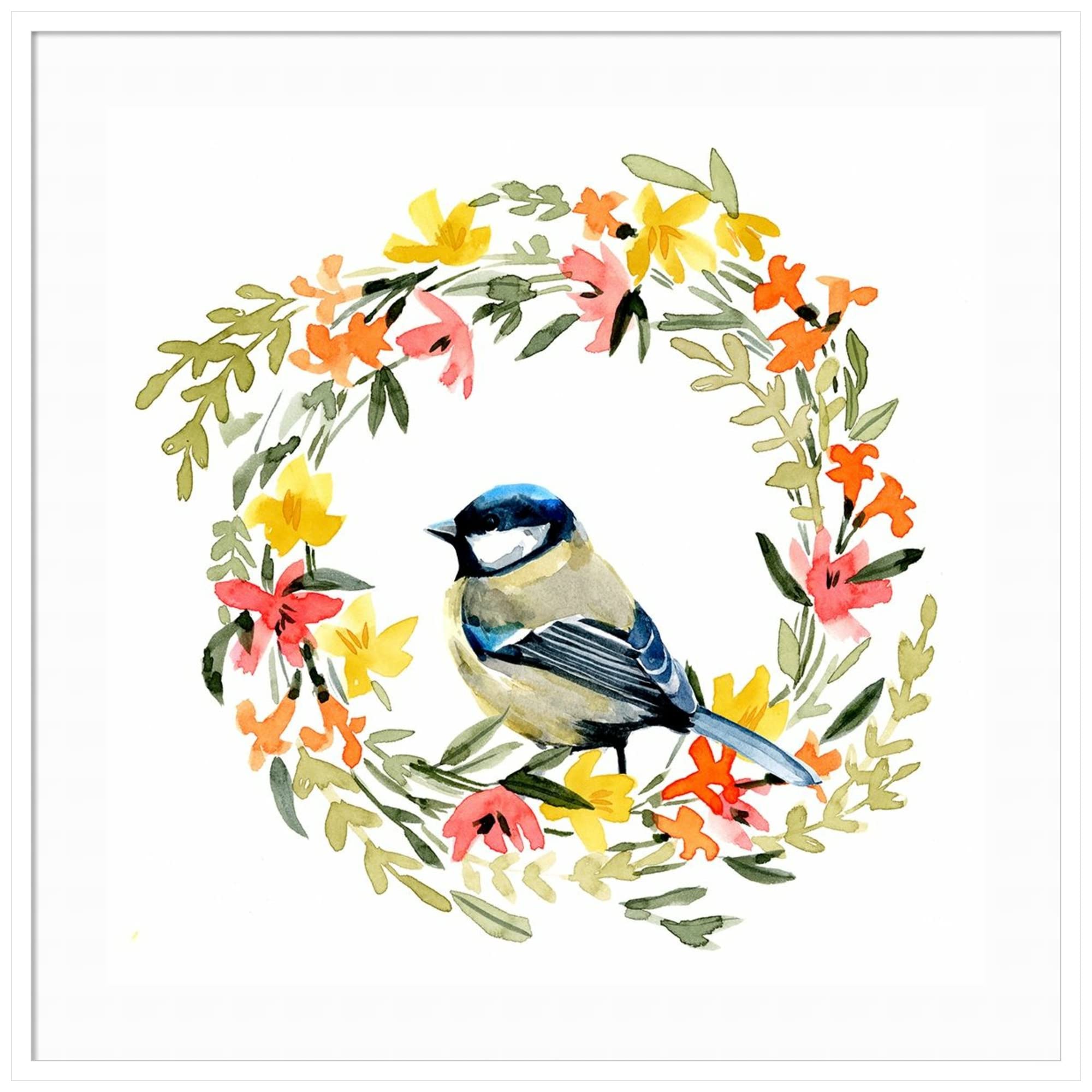 Emma Caroline Wood Framed Wall Art Print - Springtime Wreath & Bird II Painting, 41x41 Inches, Svelte White Frame - Perfect for Living Room, Bedroom or Office Decor