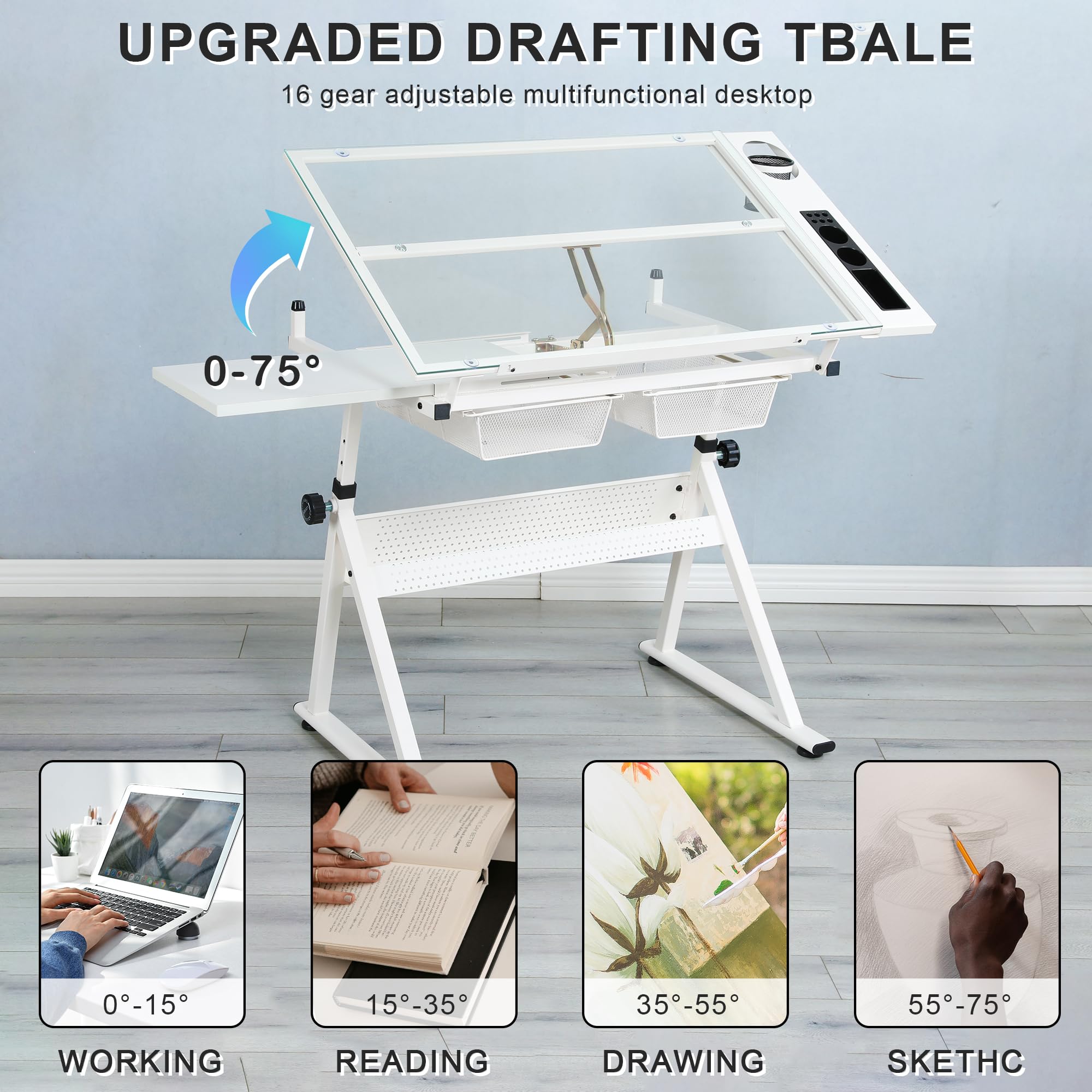 LifeSky Adjustable Drafting Table for Artists - Art Drawing Desk with Storage & Glass Top - Perfect for Painting, Sketching, Illustrators & Cartoonists - Ideal for Home Studios, Art Classes & Professional Workspaces