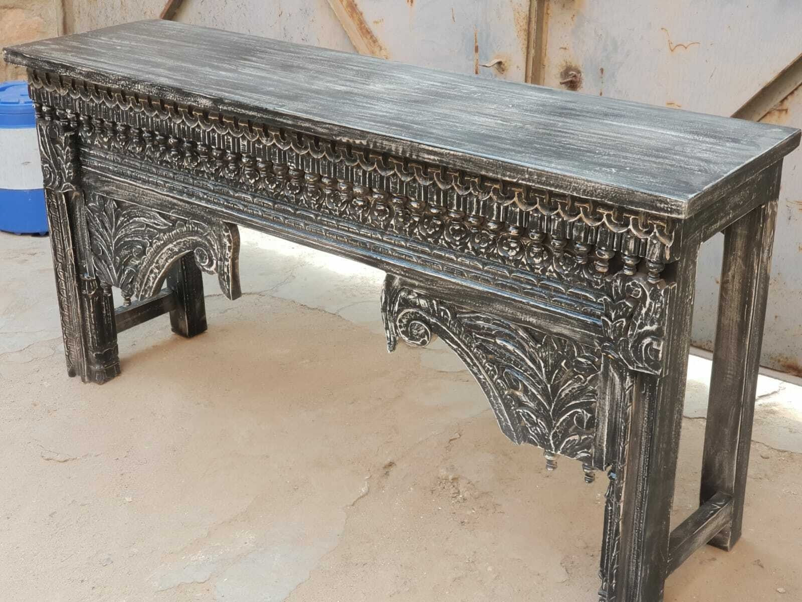 Hand Carved Indian Solid Wood Console Table - Elegant Entryway Hall Table for Living Room, Foyer & Home Decor - Black Finish