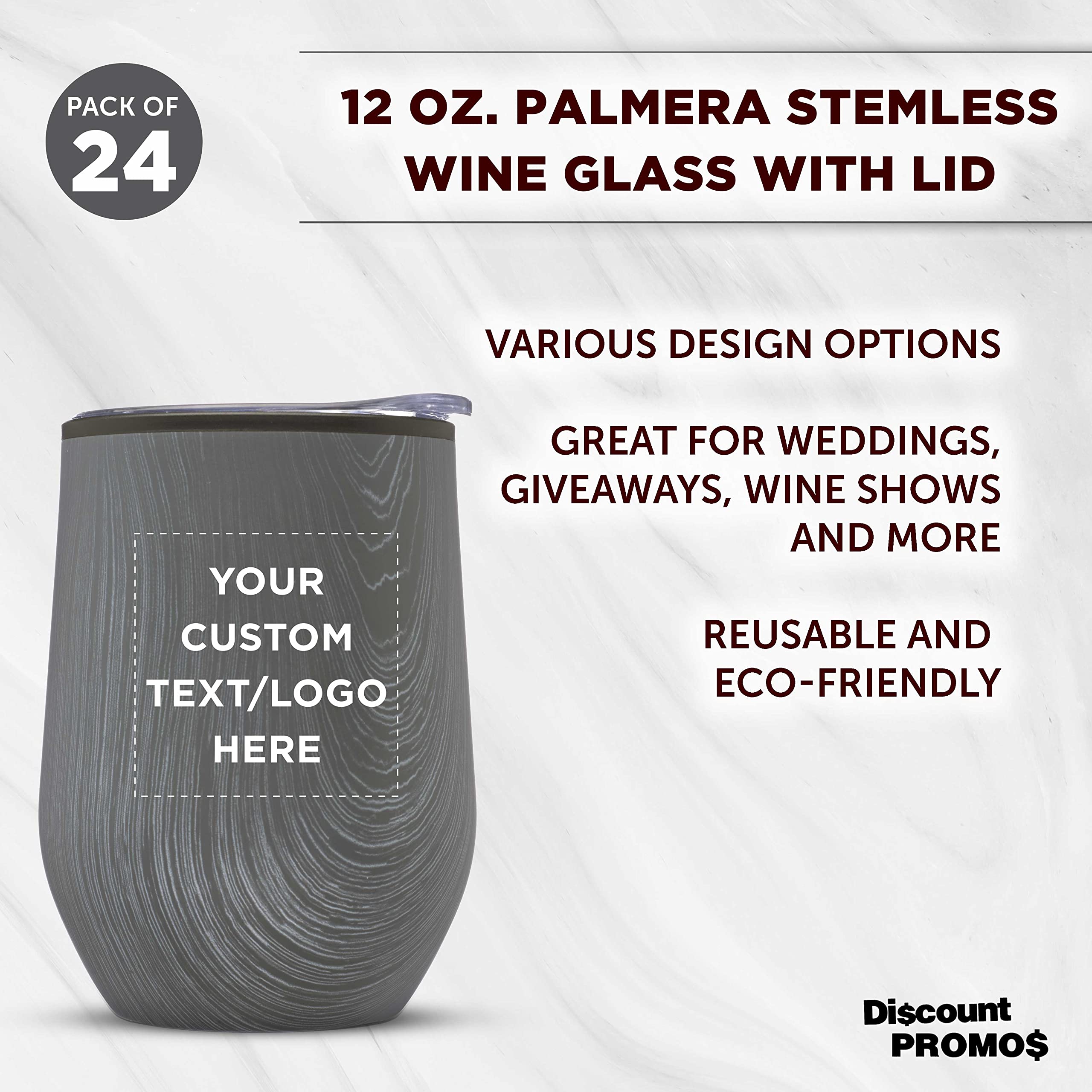 Custom Personalized Palmera Stemless Wine Tumblers with Lids - 12 oz Set of 24 Bulk Pack - Rustic Grey Glassware for Wine, Cocktails, Coffee & Beverages - Perfect for Weddings, Parties, Restaurants & Home Use