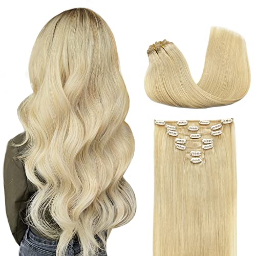DOORES 22 Inch Clip in Human Hair Extensions 7pcs 120g Bleach Blonde - 100% Remy Human Hair, Straight & Thick Natural Hair Extensions for Women - Perfect for Daily Styling, Parties & Special Occasions