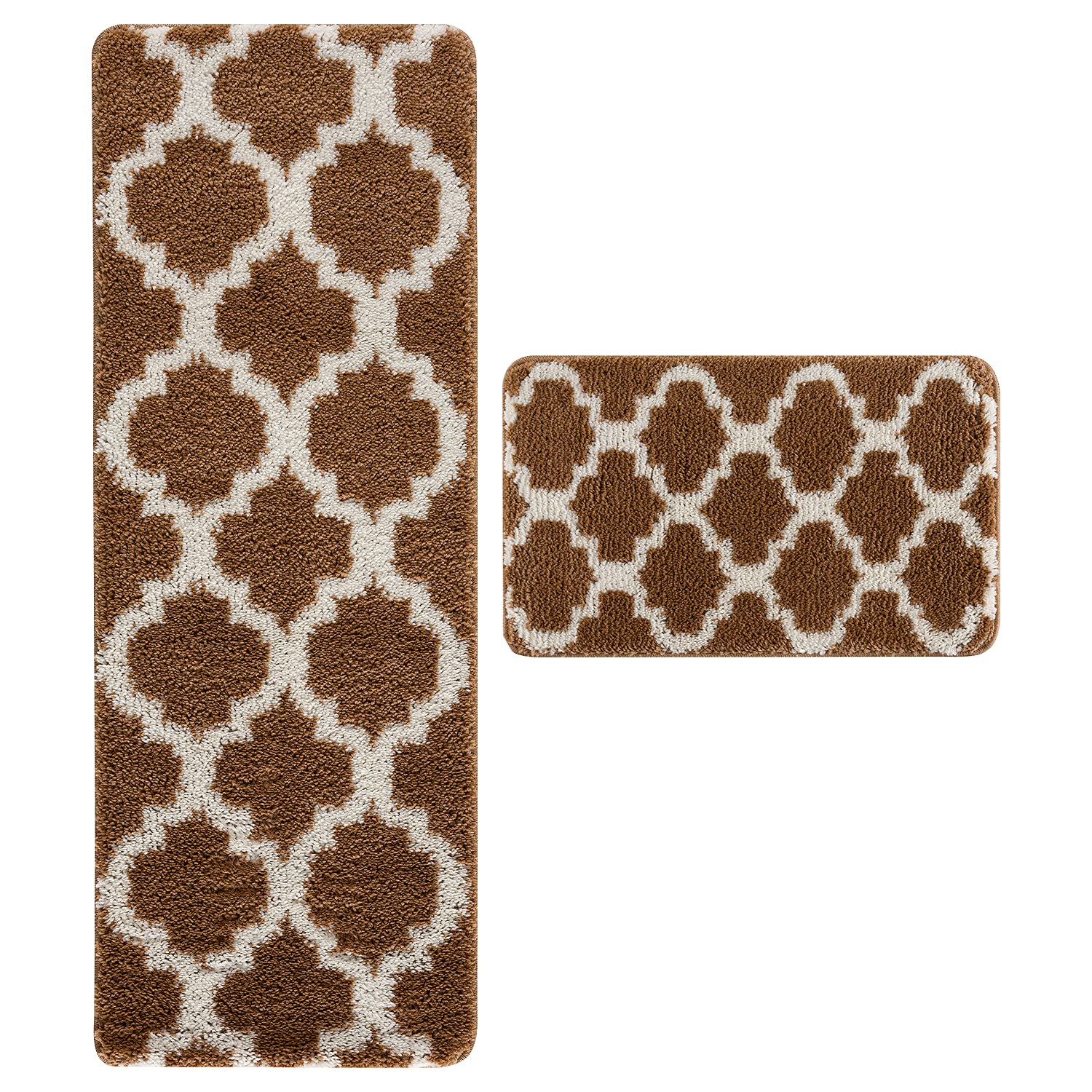 Wunderlin Soft Trellis Non-Slip Washable Kitchen Runner Rugs Set of 2 - Brown, Anti-Skid Floor Mat for Kitchen, Dining Room & High Traffic Areas