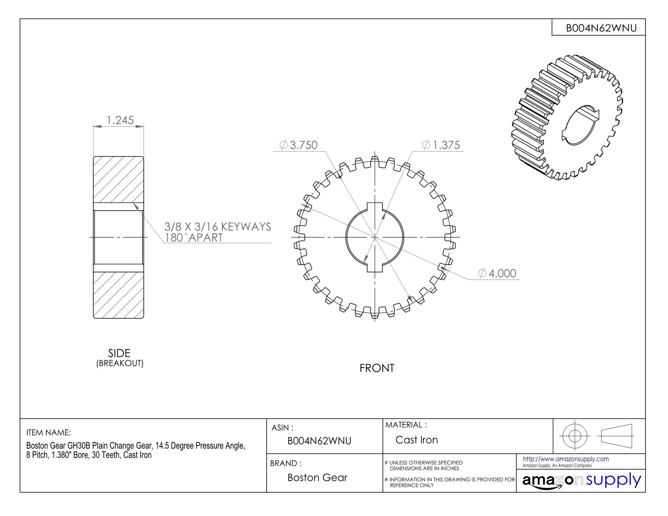 GH30B 14.5° Pressure Angle 8 Pitch Plain Change Gear - 1.380