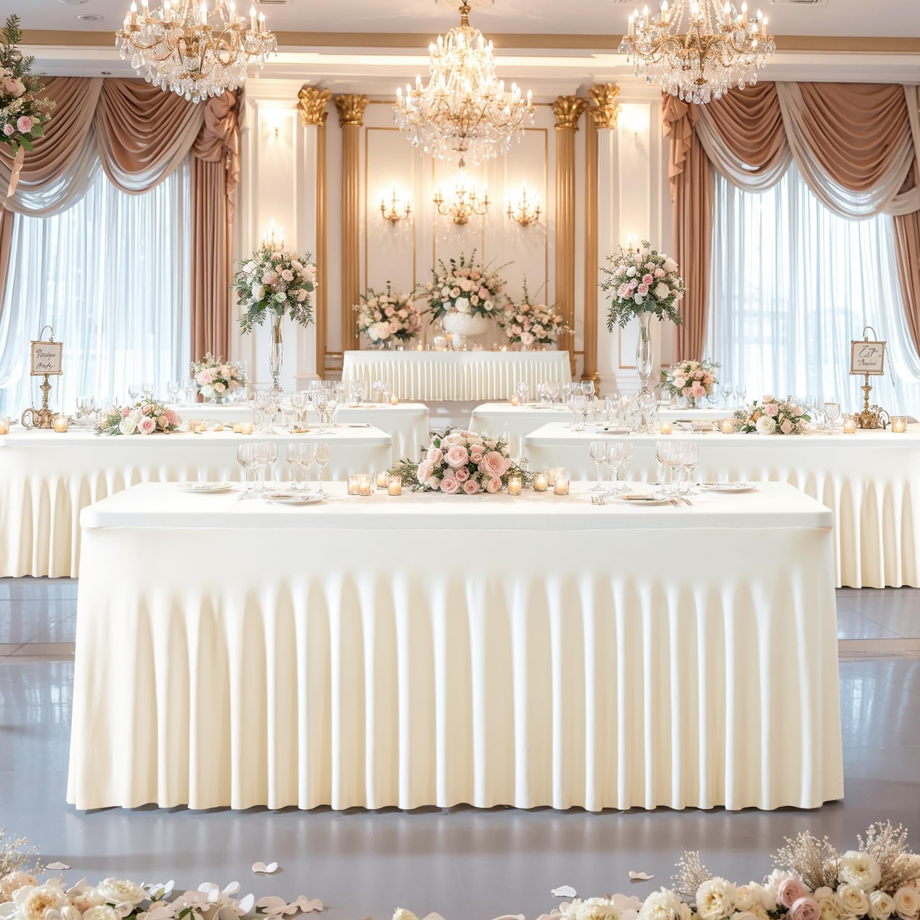 Besutolife 6ft Ivory Spandex Tablecloth - Stretchable Rectangle Table Cover with Skirt for Banquets, Weddings & Dining Tables - Perfect for Fall Decor & Special Events